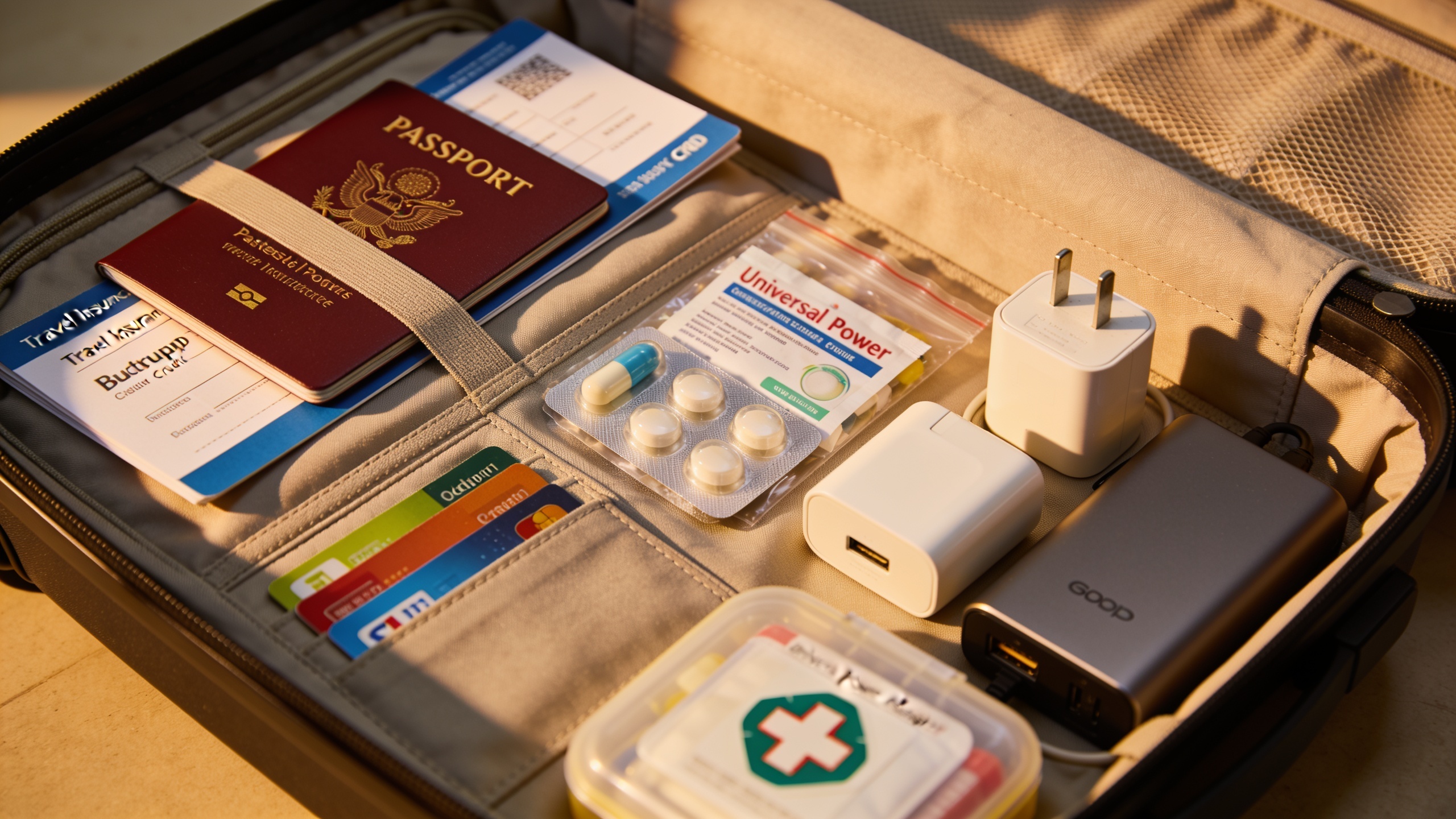 Properly packed carry-on bag with essential travel documents, medications, adapters, and emergency items organized and ready