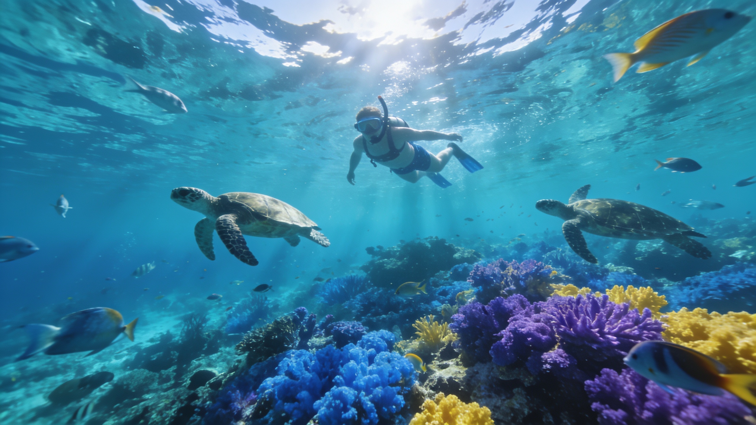 Snorkeler exploring the Great Barrier Reef with colorful coral and sea turtles in clear turquoise water