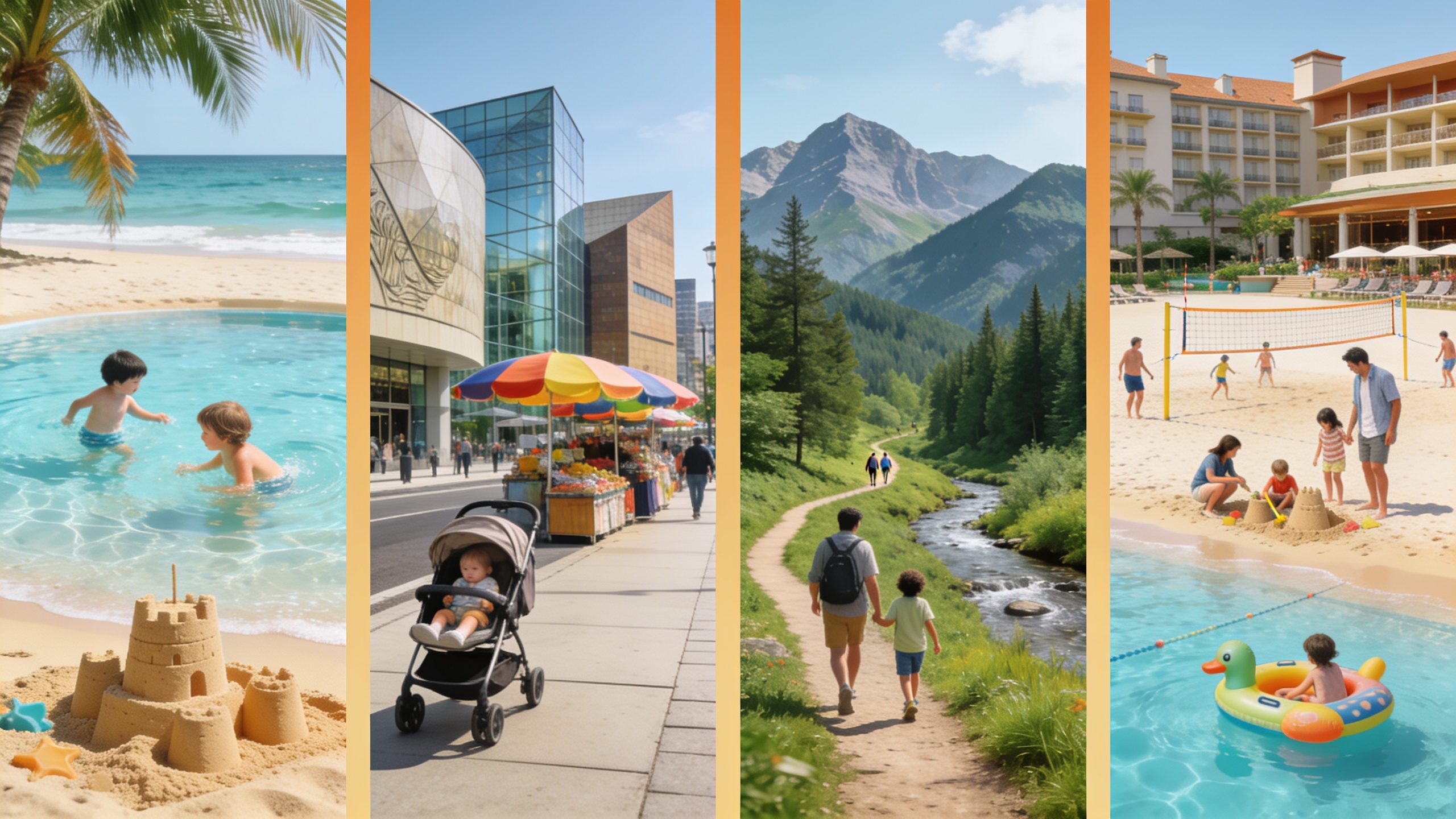 Visual comparison of four family-friendly vacation destination types: beach resort, city, mountains, and all-inclusive resort