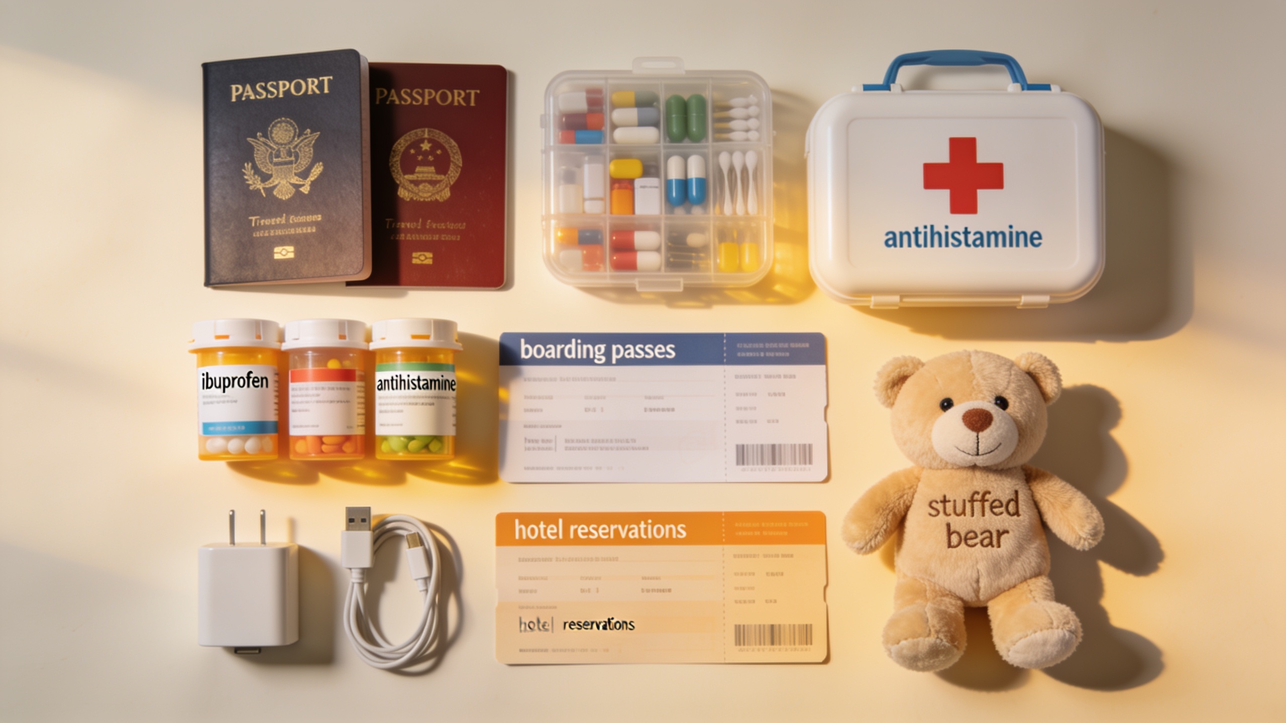 Organized family travel essentials including passports, medications, first-aid kit, and important documents laid out flat