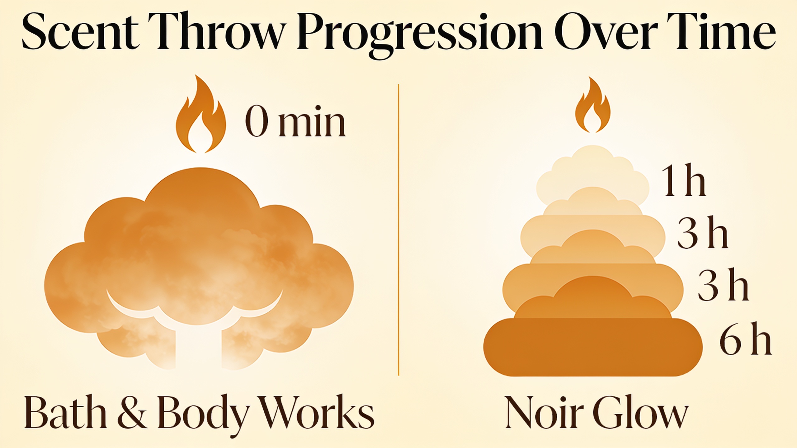 Comparison infographic showing immediate scent throw from Bath & Body Works versus gradual scent build from soy candles