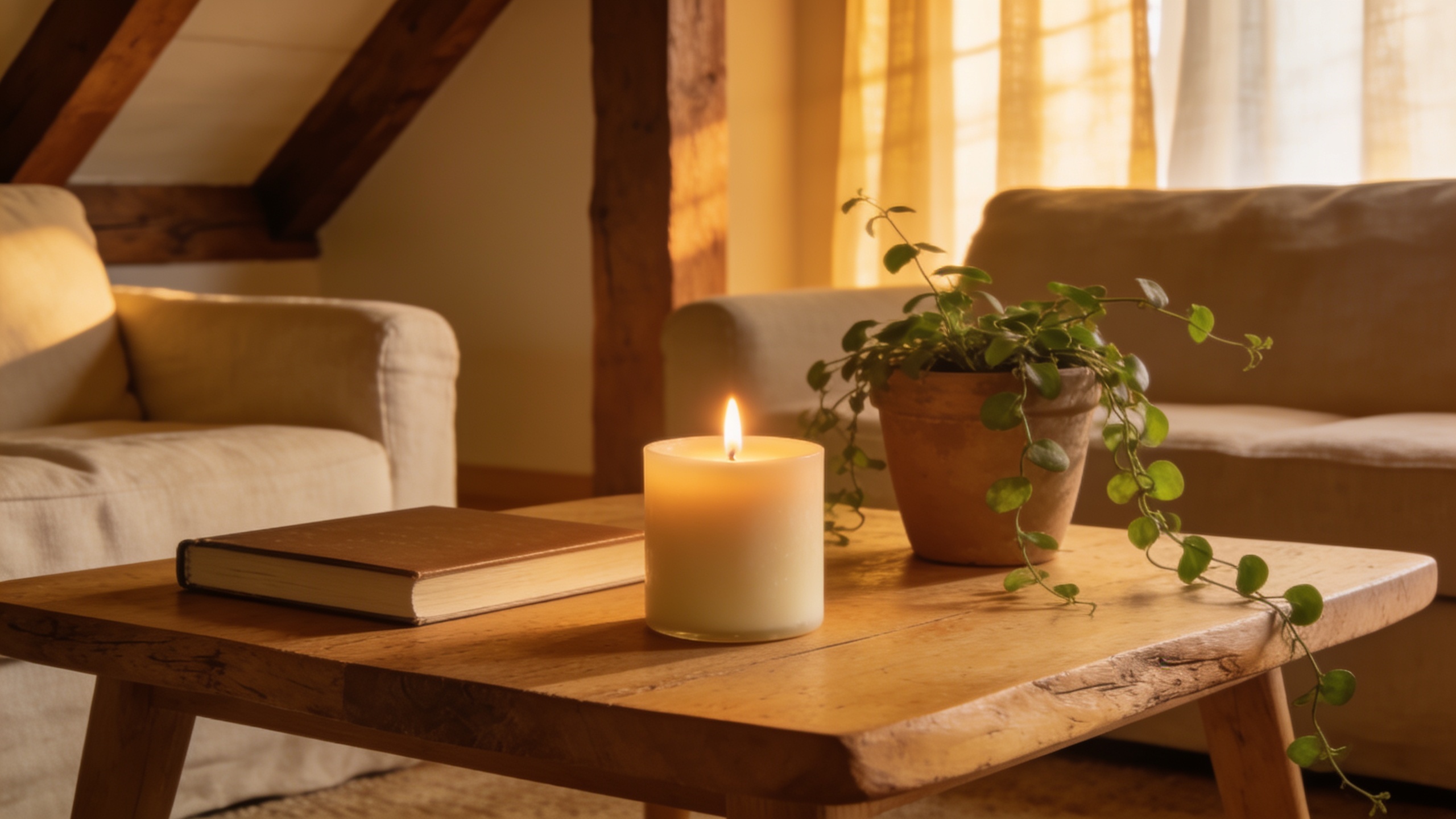 Cozy home interior with a lit hand-poured soy candle on a coffee table, demonstrating ambient candle use in a living space