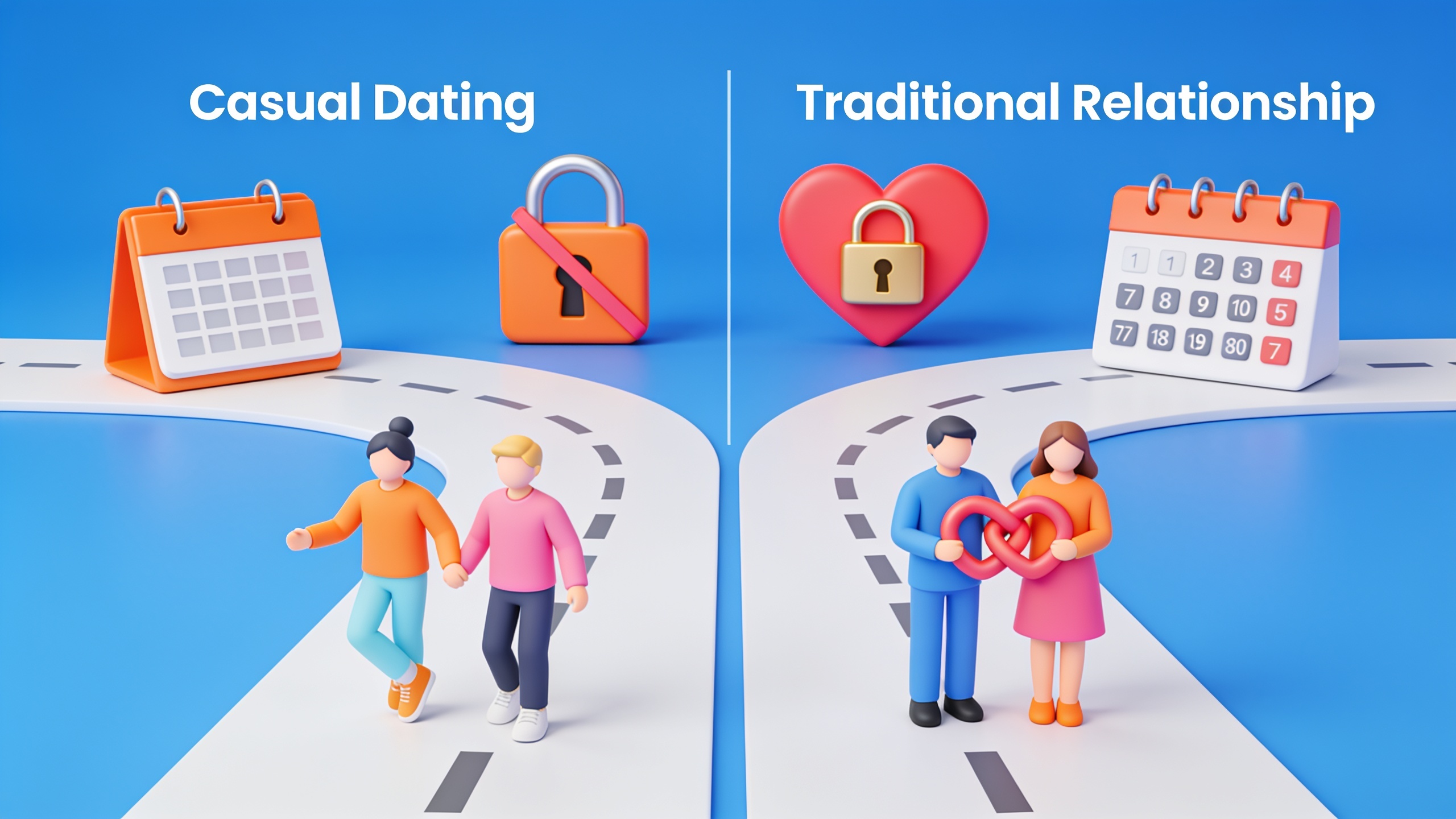 Infographic comparing casual dating and traditional relationships with visual symbols for key differences