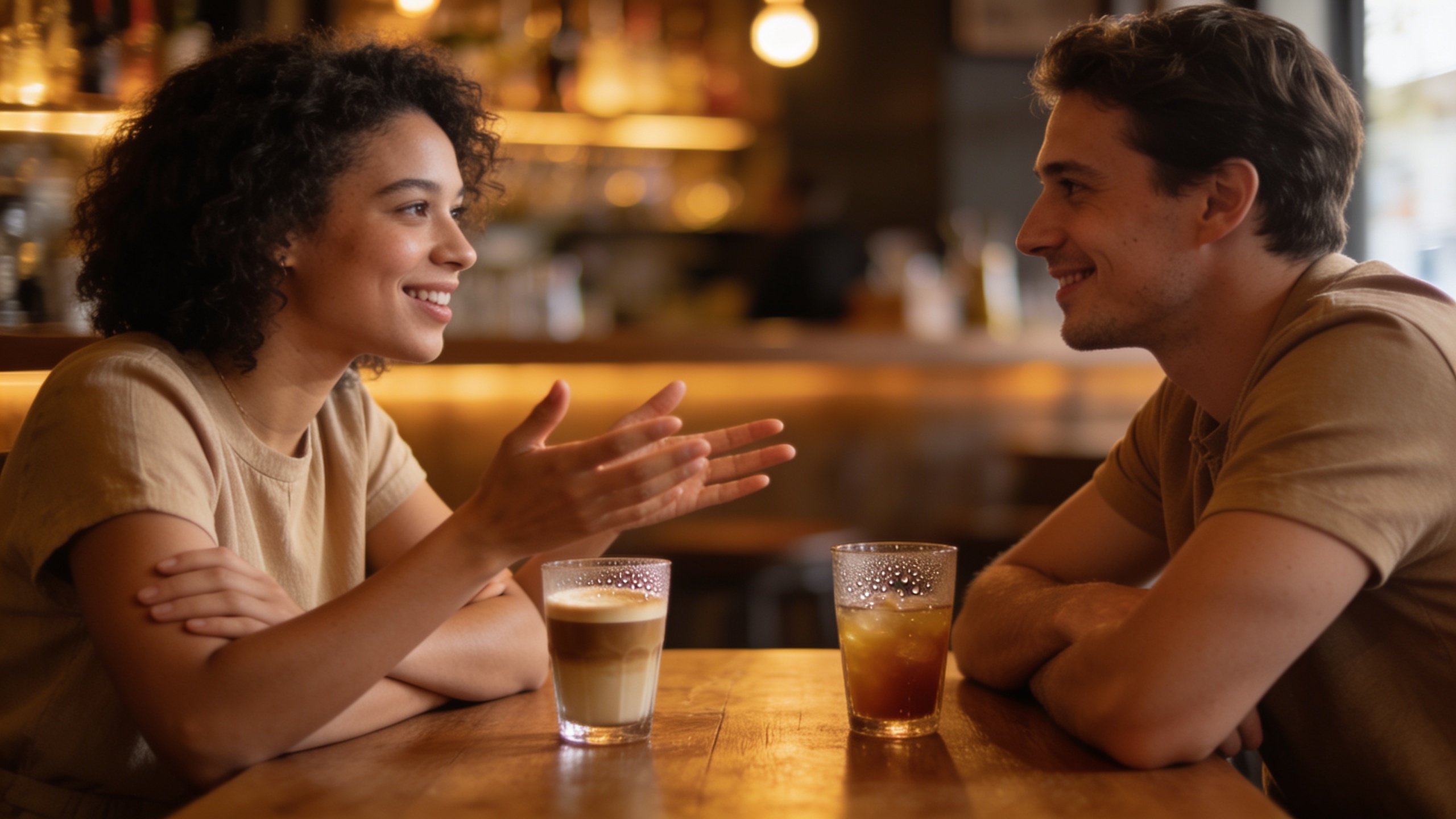 Two people having an honest conversation about relationship expectations over drinks