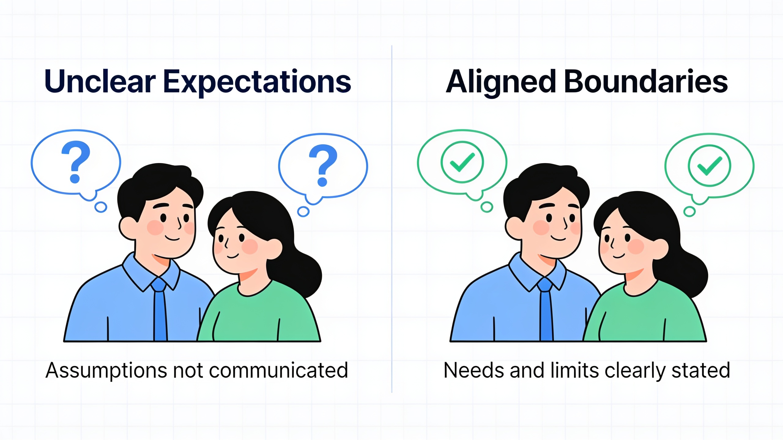 Infographic comparing unclear versus clear communication between partners about relationship boundaries
