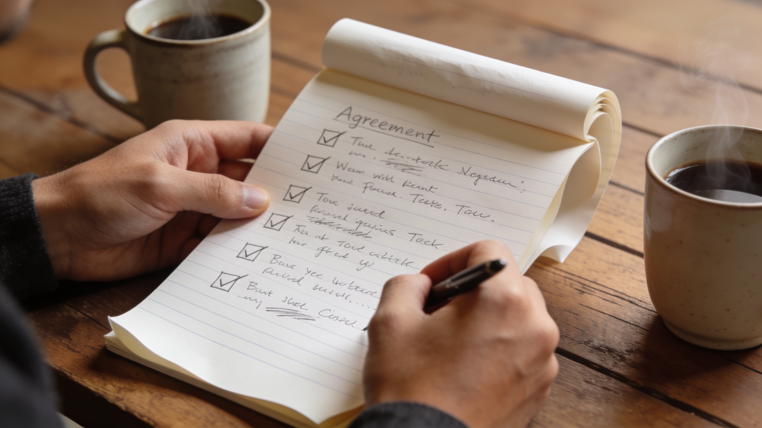 A couple documenting their relationship boundaries and agreements in a notebook together