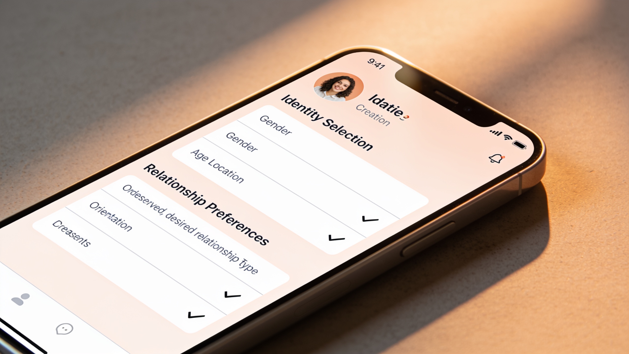 Dating app interface showing clear profile setup with identity and preference options for transparent communication