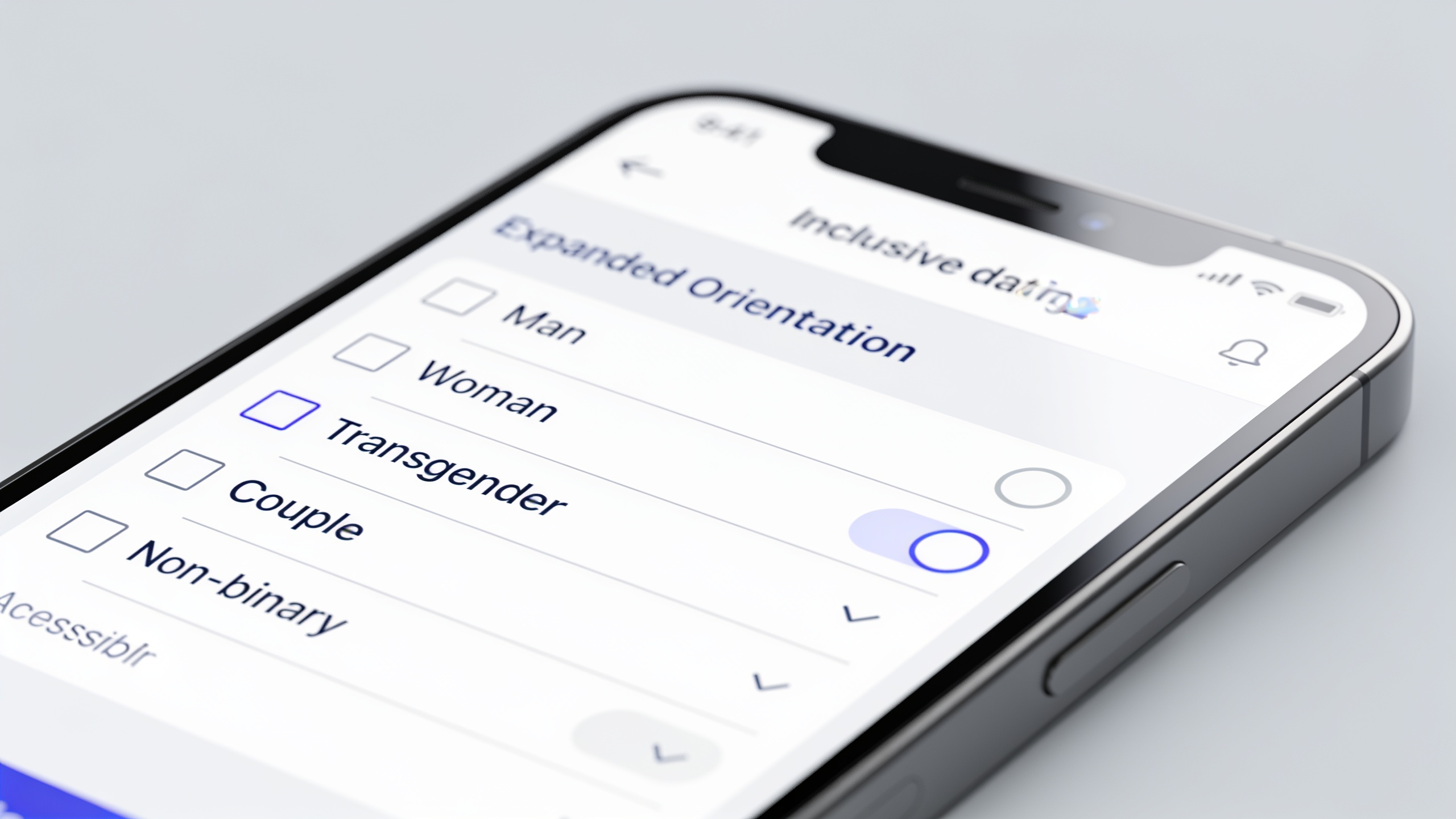 Mobile dating app sign-up form displaying expanded gender identity and orientation options