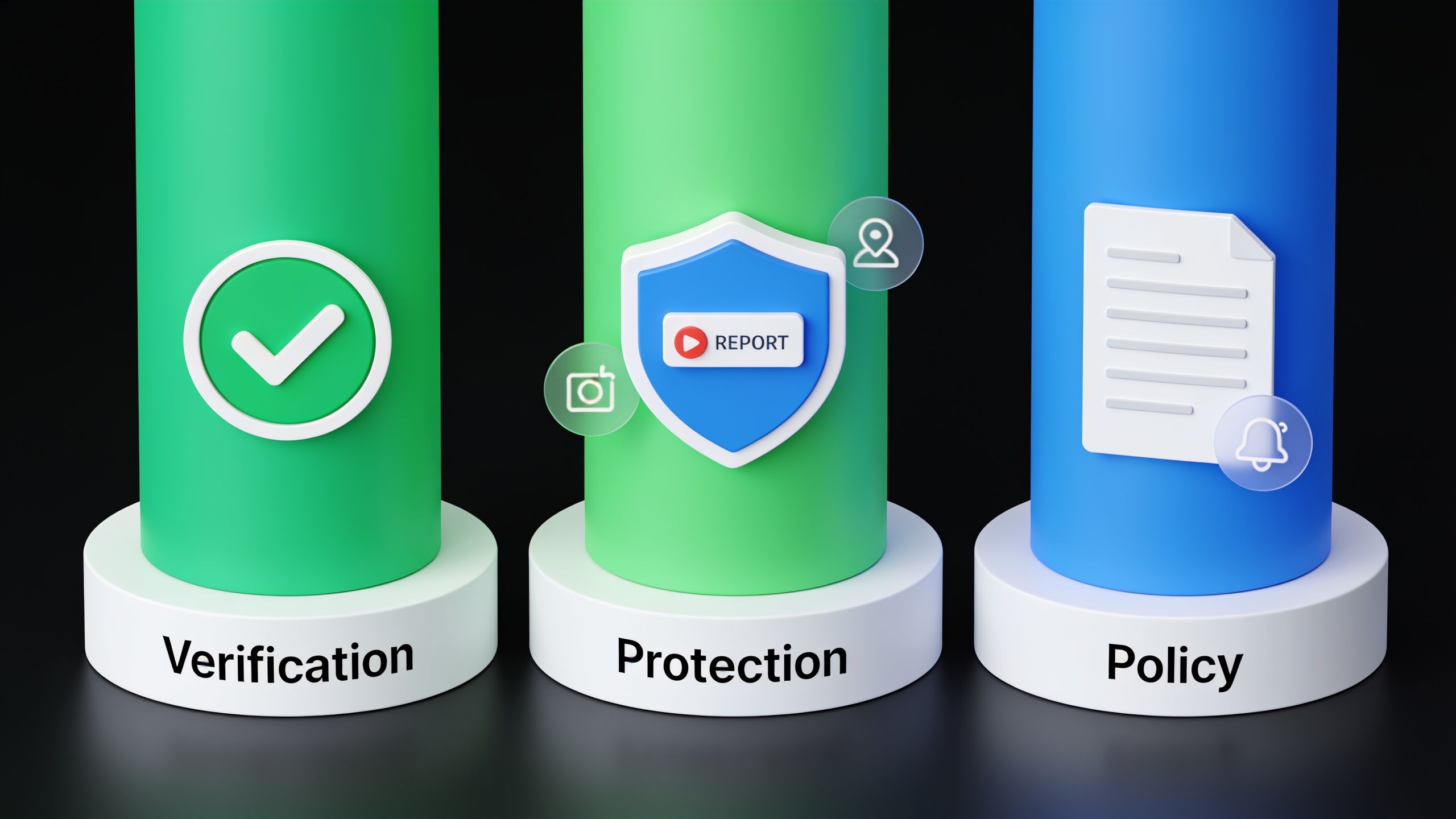 Infographic showing three key safety features: verification, reporting tools, and clear community guidelines