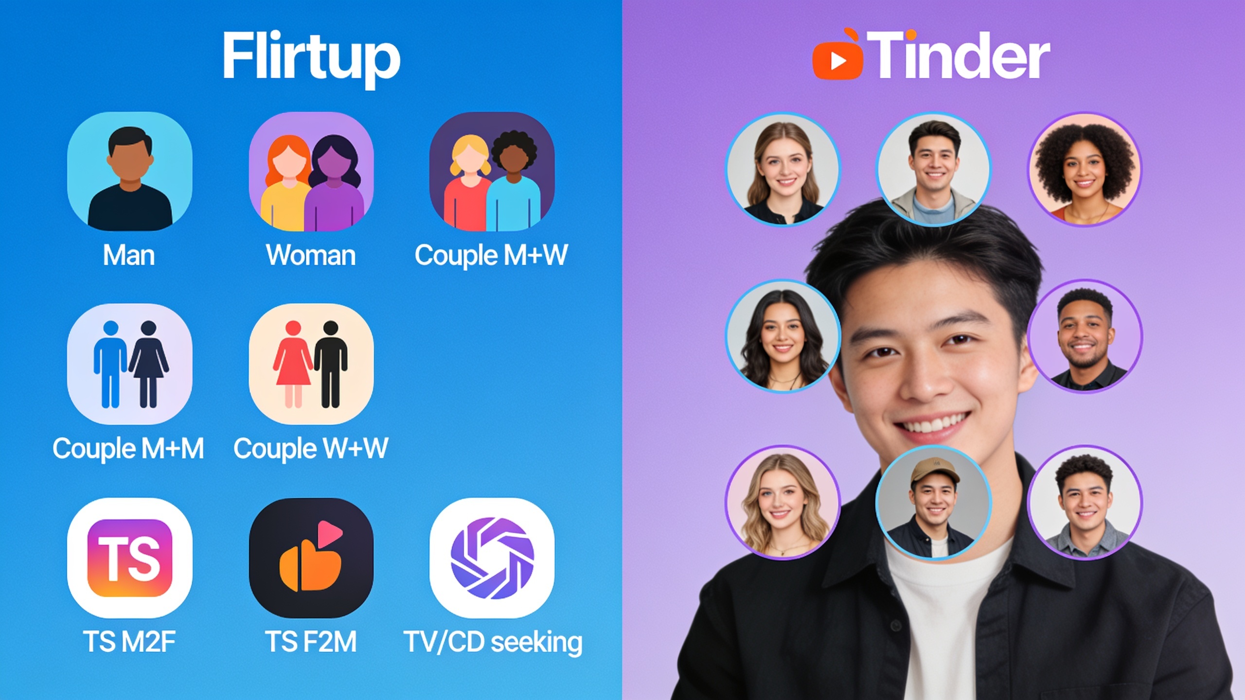 Infographic comparing registration categories and identity options available on Flirtup versus Tinder dating apps