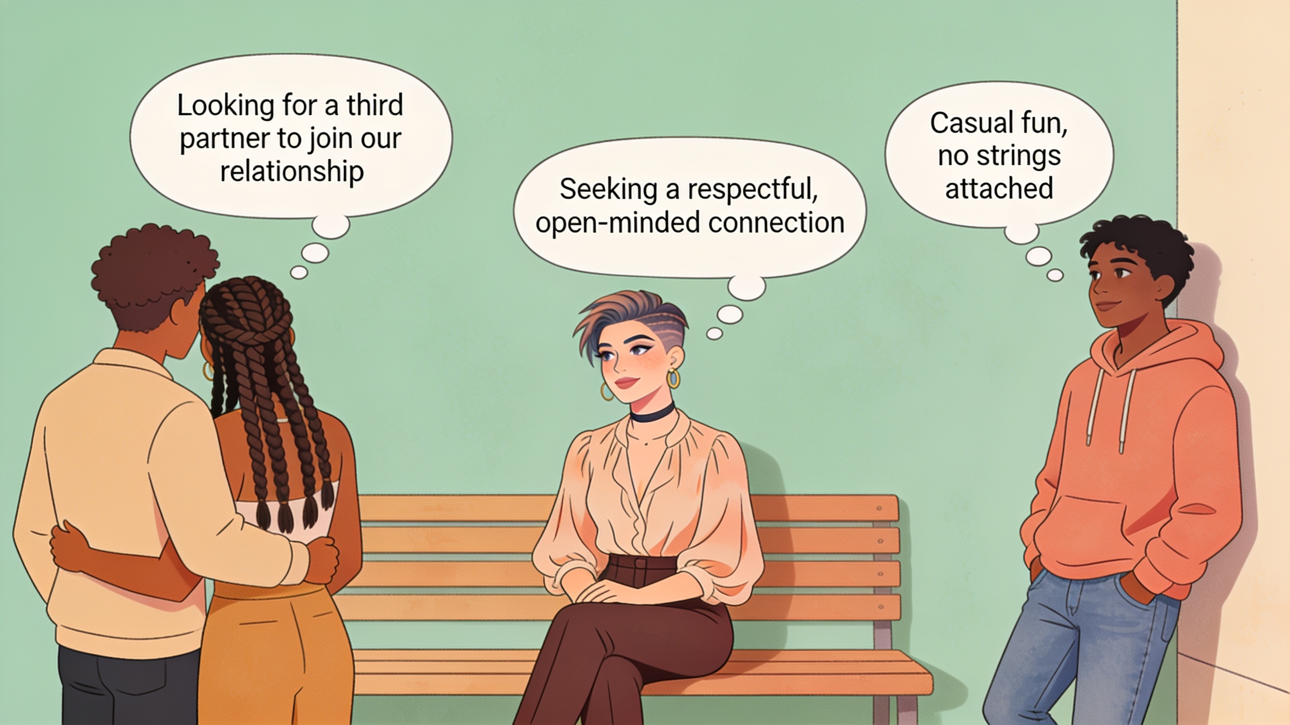 Illustration of diverse dating app users representing different relationship structures and identity categories that Flirtup accommodates