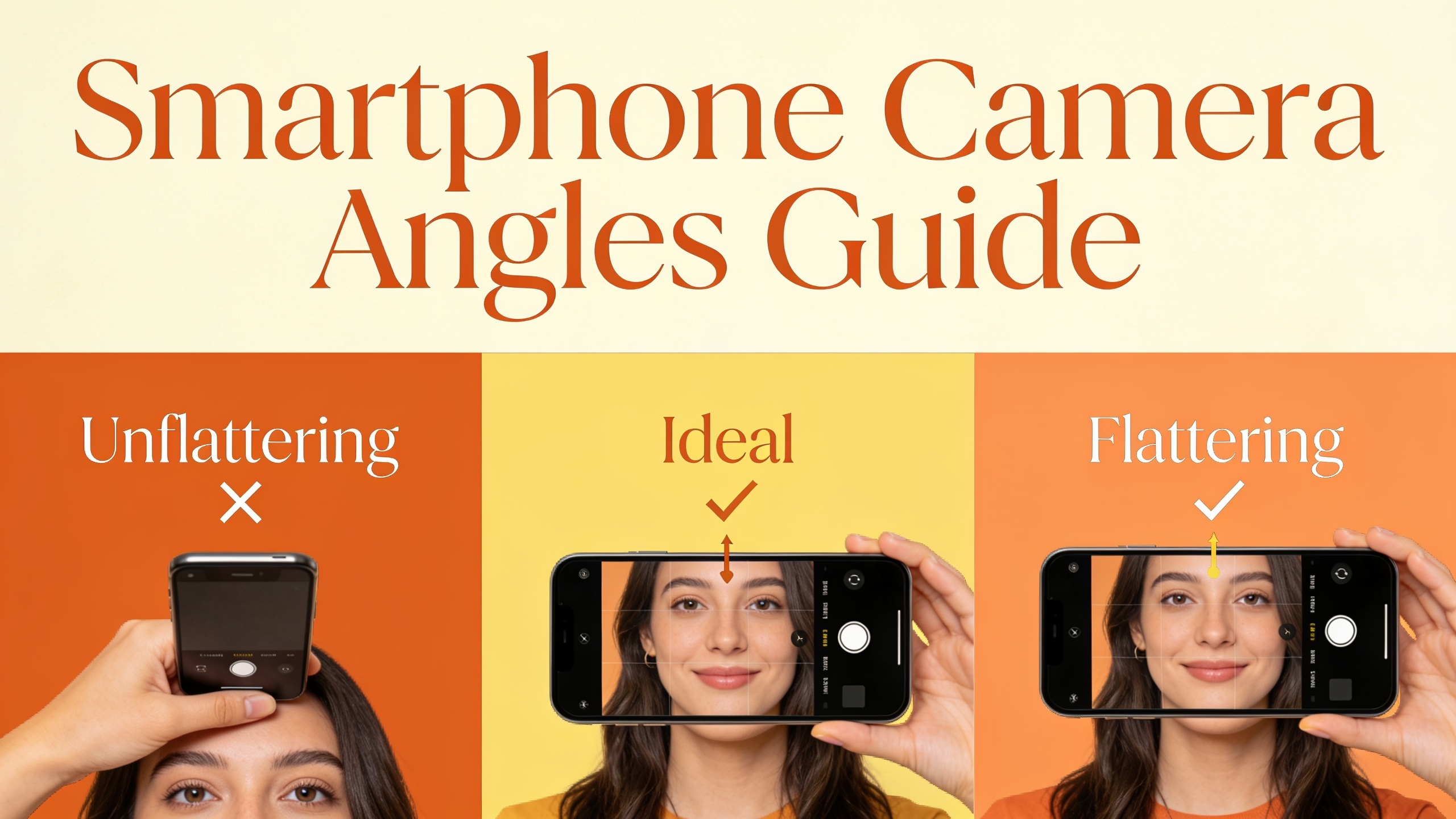 Guide showing correct camera angles for taking flattering dating profile photos, comparing below, eye-level, and above angles