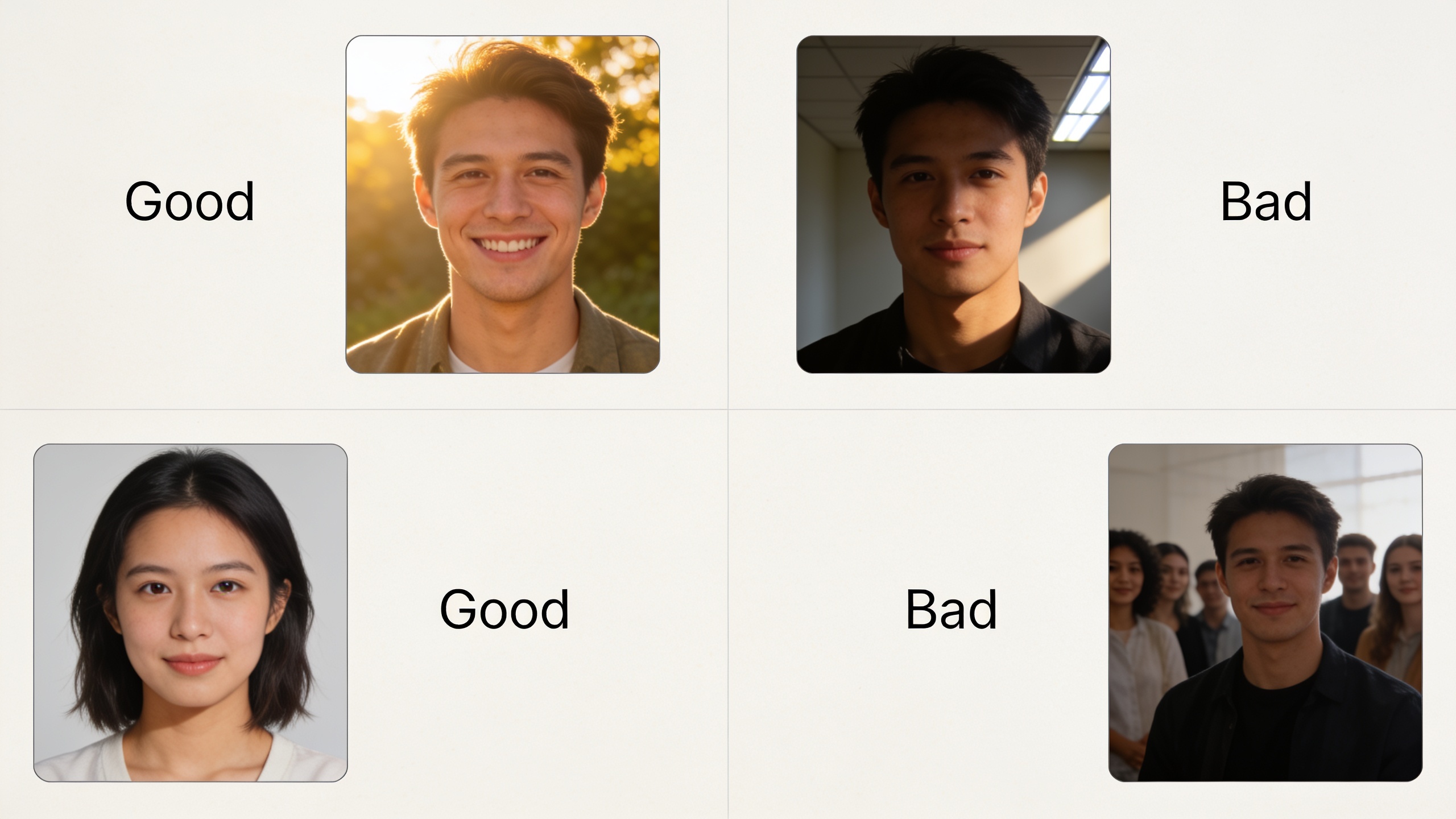 Visual examples of good versus bad dating profile photos demonstrating lighting, framing, and composition best practices