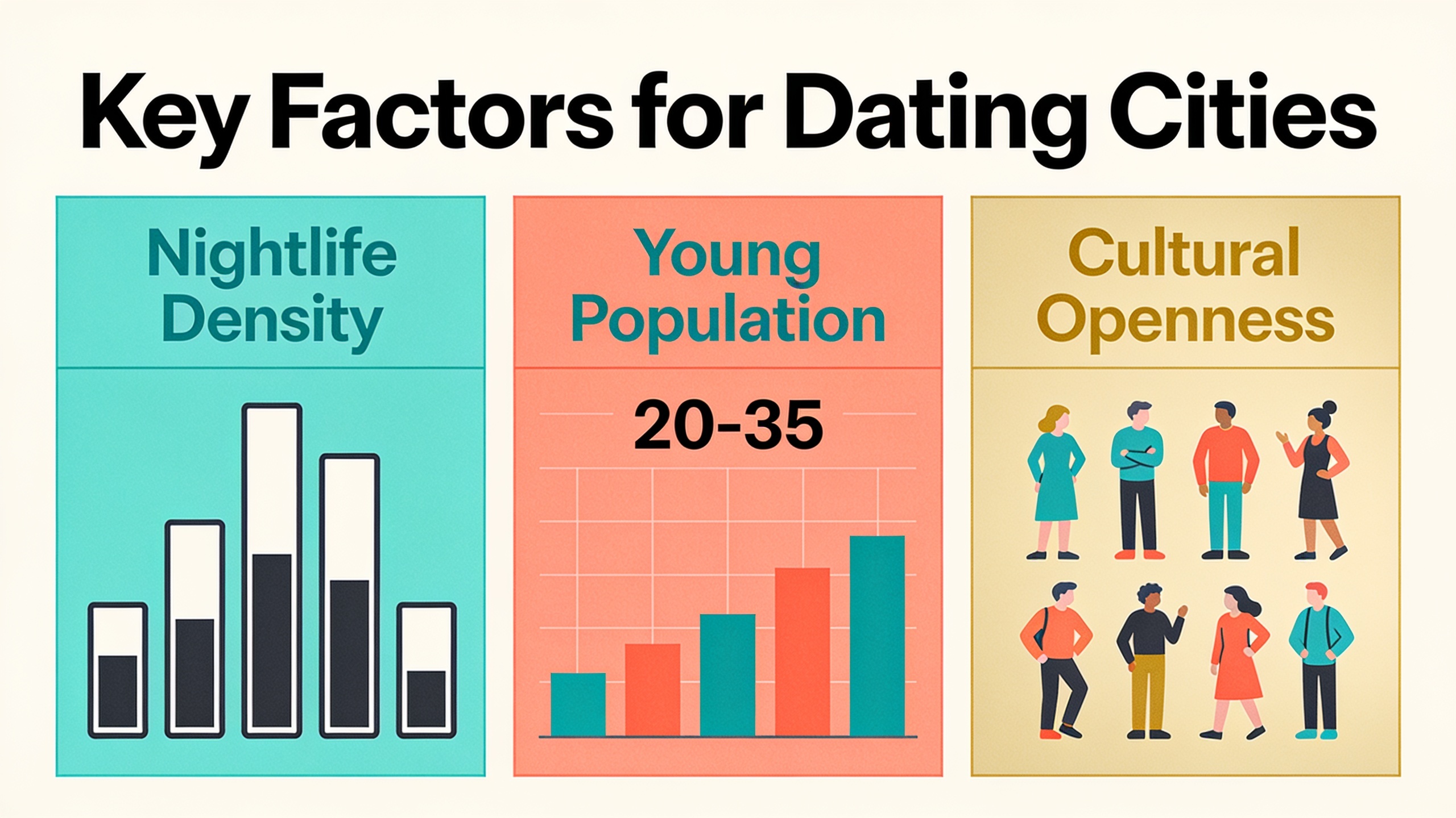 Infographic showing three key factors that make cities good for casual dating: nightlife density, young population, and cultural openness