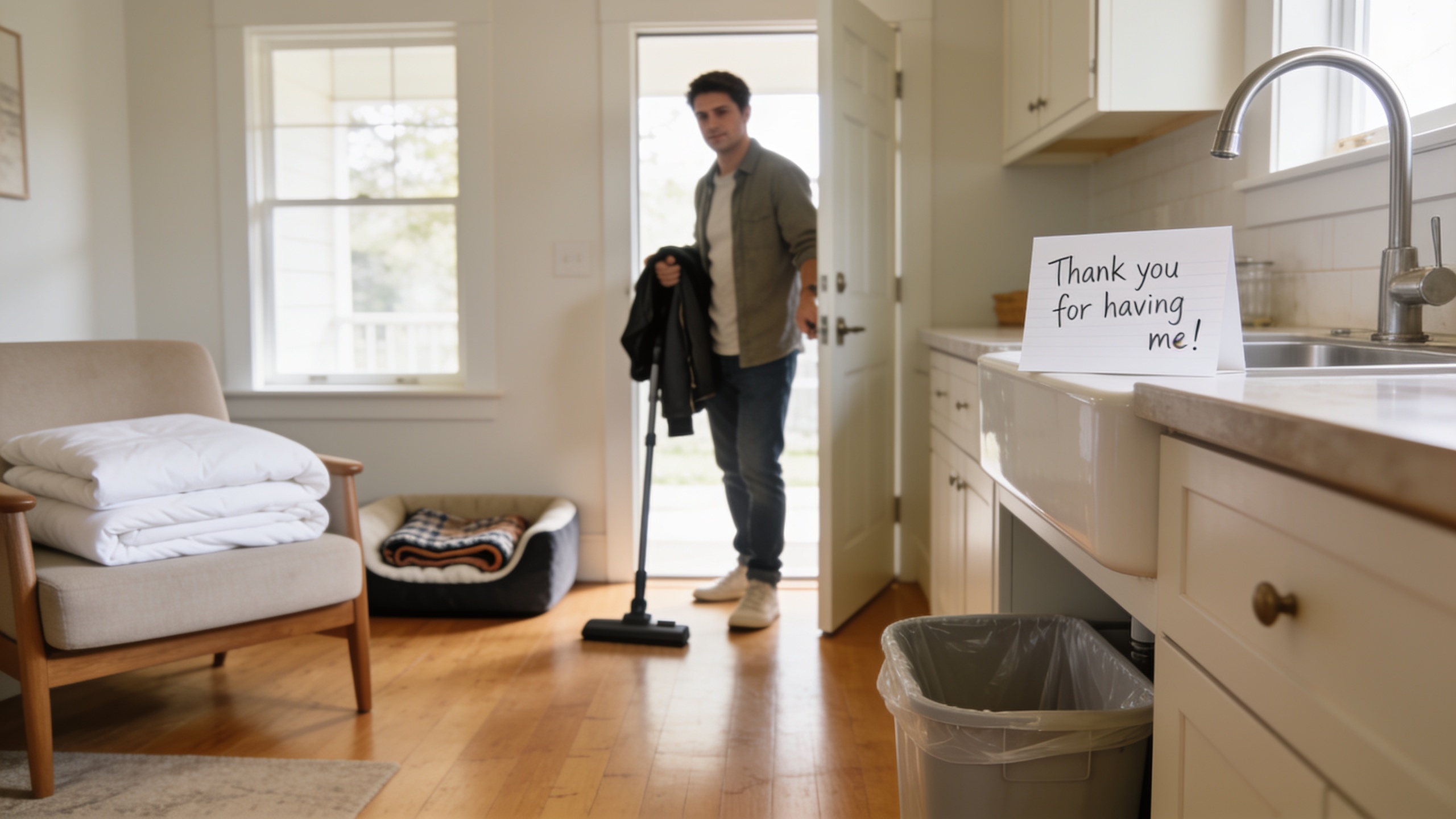 Clean home interior showing proper end-of-stay preparation and courtesy for a pet-friendly home swap