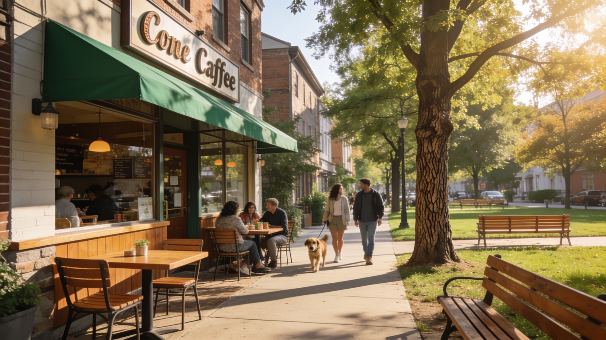 Charming neighborhood street with local café, park, and tree-lined sidewalk representing the lifestyle and community appeal of a home swap location