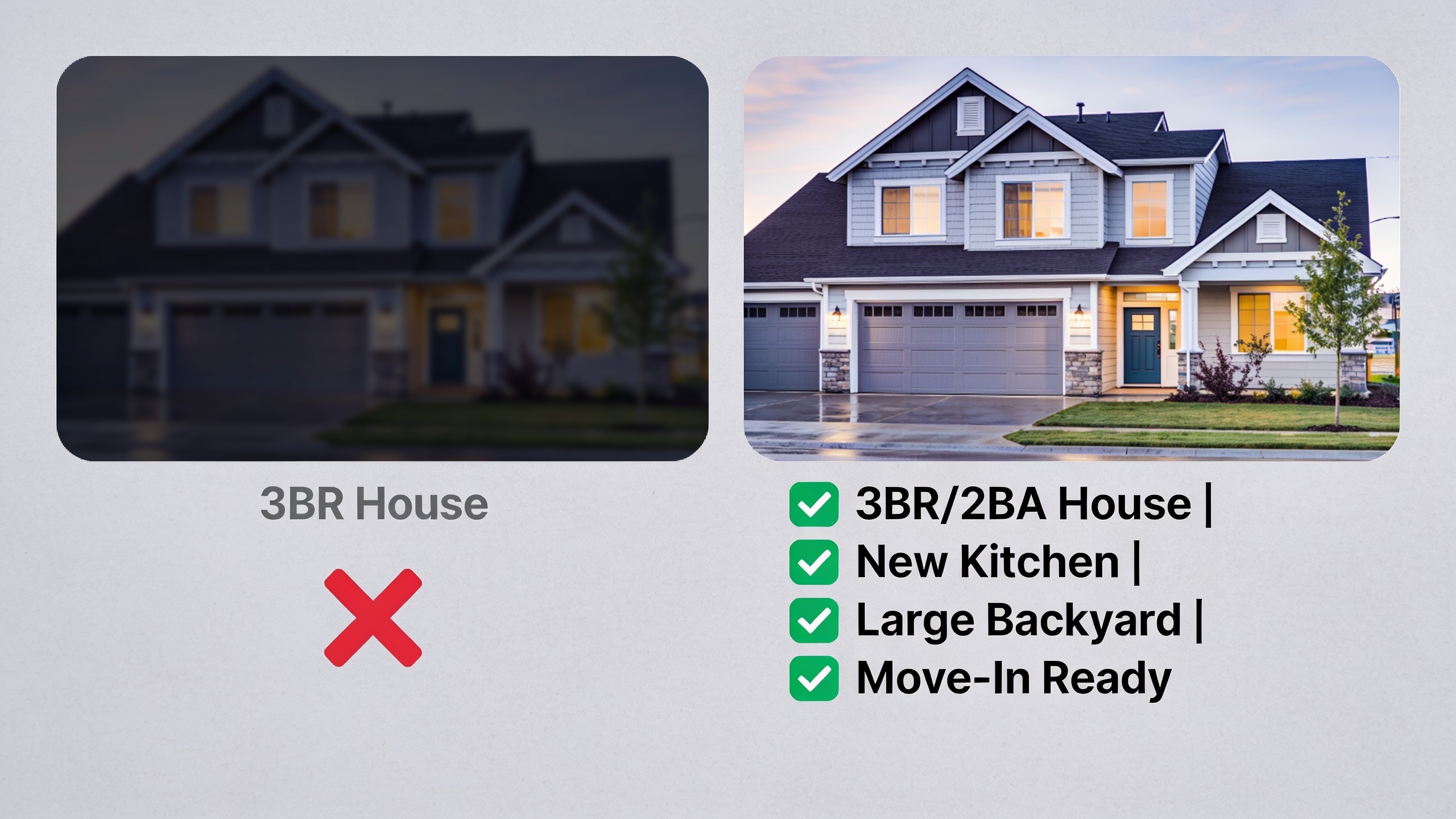 Infographic comparing weak versus strong home swap listings, showing the difference between poor and high-converting listing elements