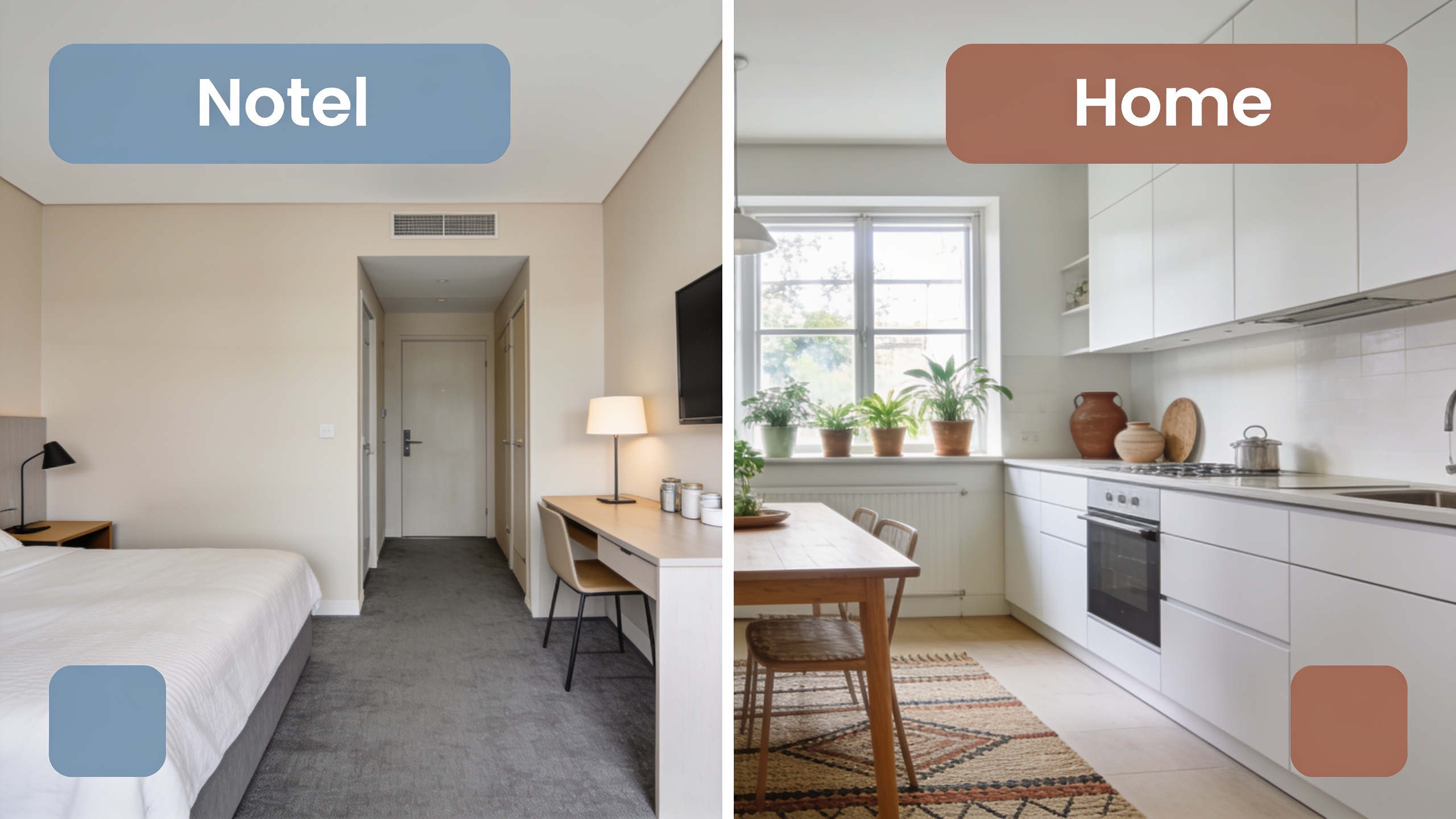 Comparison infographic showing hotel room versus home swap space and amenities