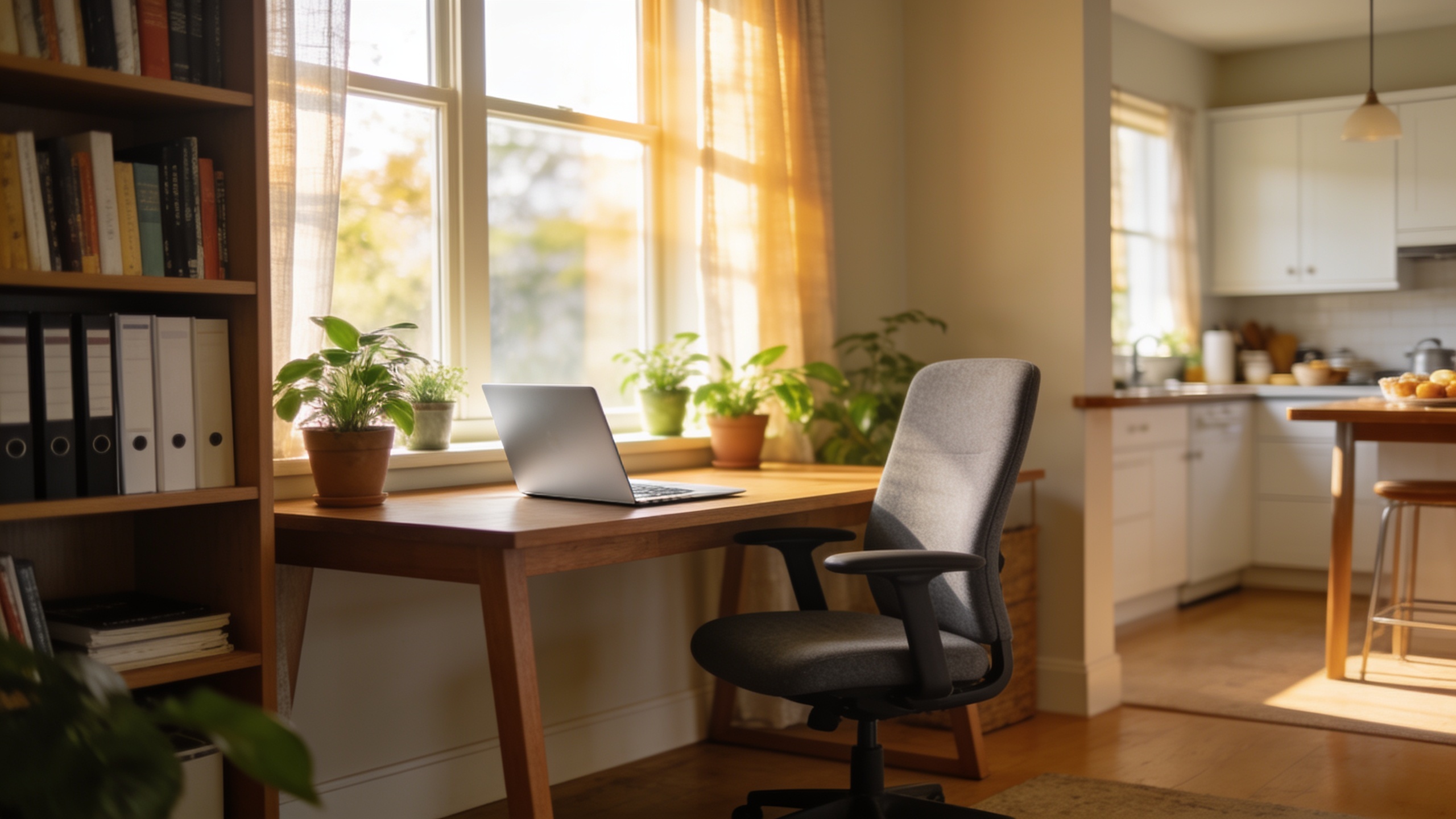 Remote worker's home office in a residential home with desk, laptop, natural lighting, and kitchen access