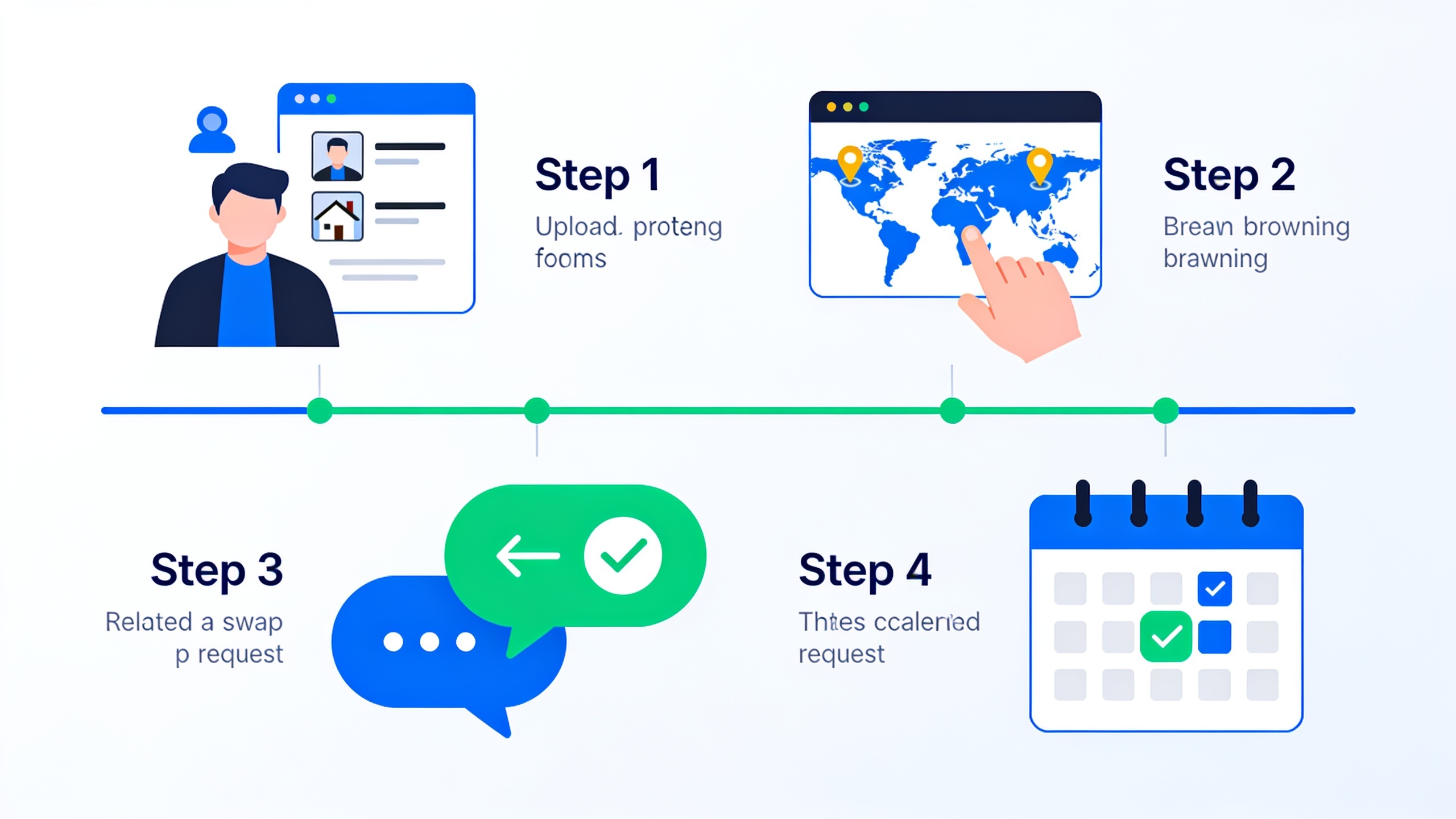Step-by-step infographic showing the home exchange process from profile creation to confirmed swap