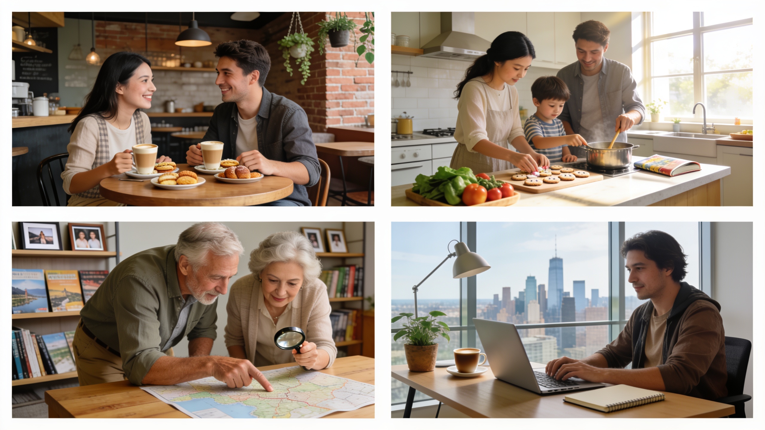 Four diverse traveler personas benefiting from home exchange: couples, families, retirees, and digital nomads