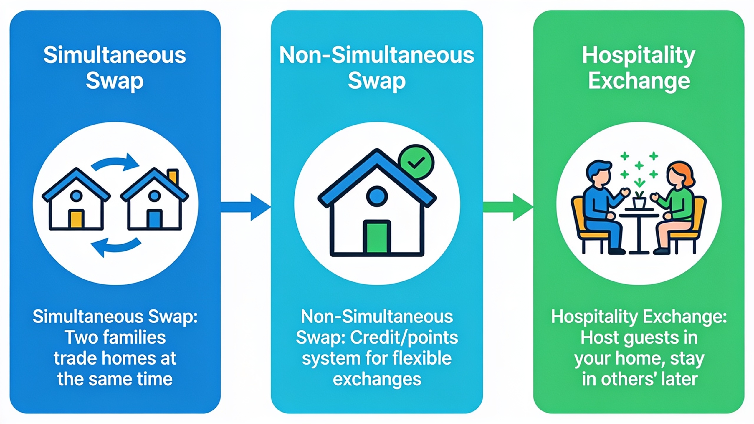Infographic showing three types of home swaps: simultaneous exchange, points-based non-simultaneous swap, and hospitality exchange models