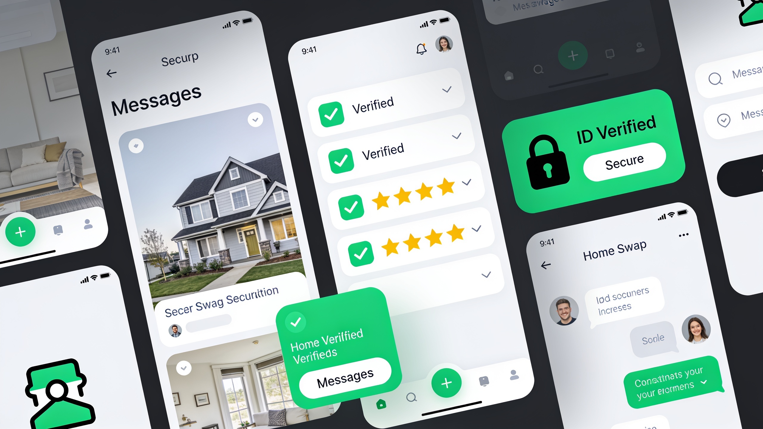 Home swap platform security features including verified badges, two-way reviews, ID verification, and secure messaging interface