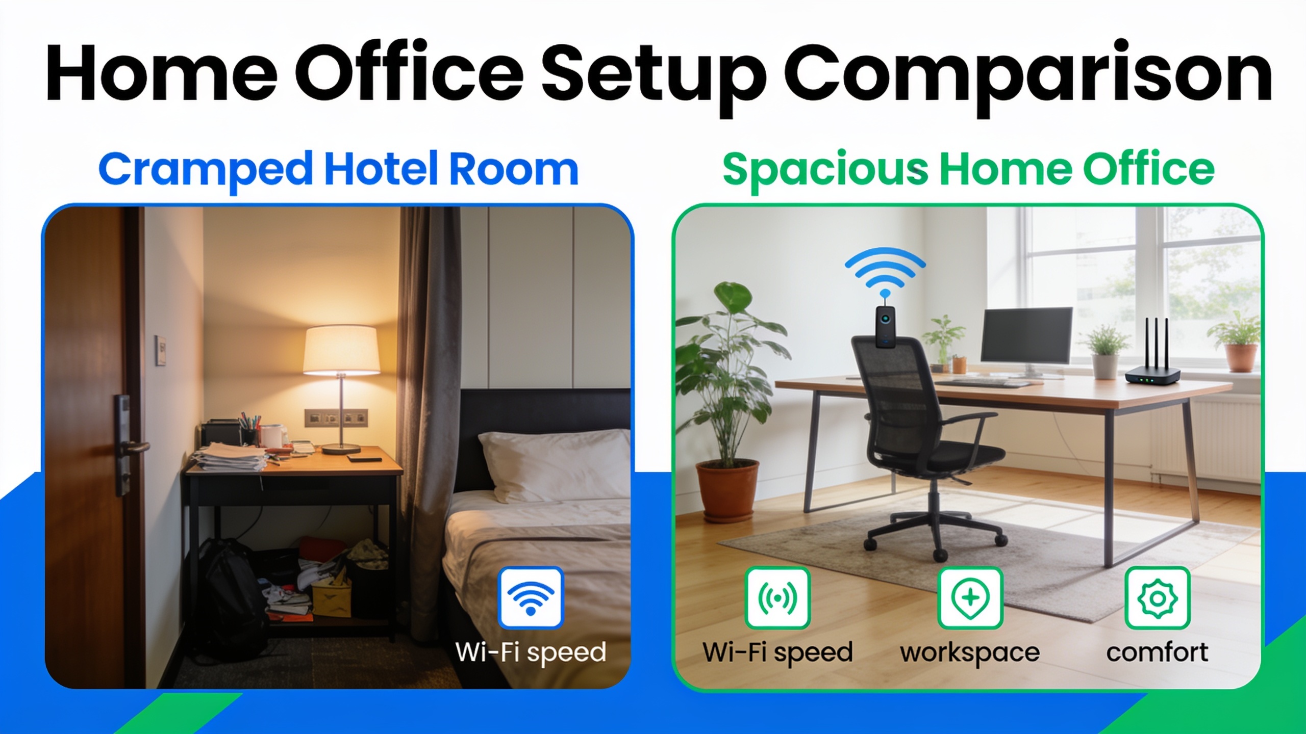 Infographic comparing a cramped hotel room workspace versus a spacious, work-ready home office setup with proper desk, lighting, and Wi-Fi