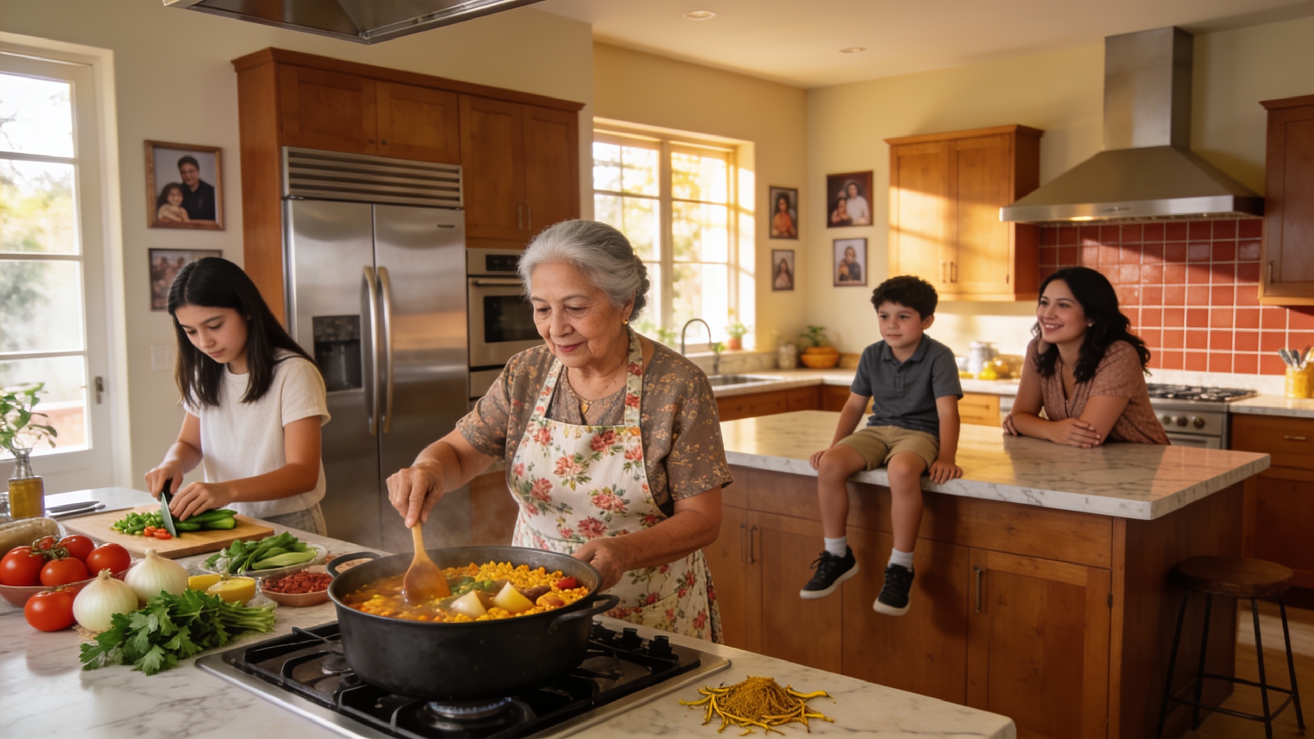 Grandmother cooking traditional family meals in a spacious home kitchen while family members gather around, sharing food and conversation