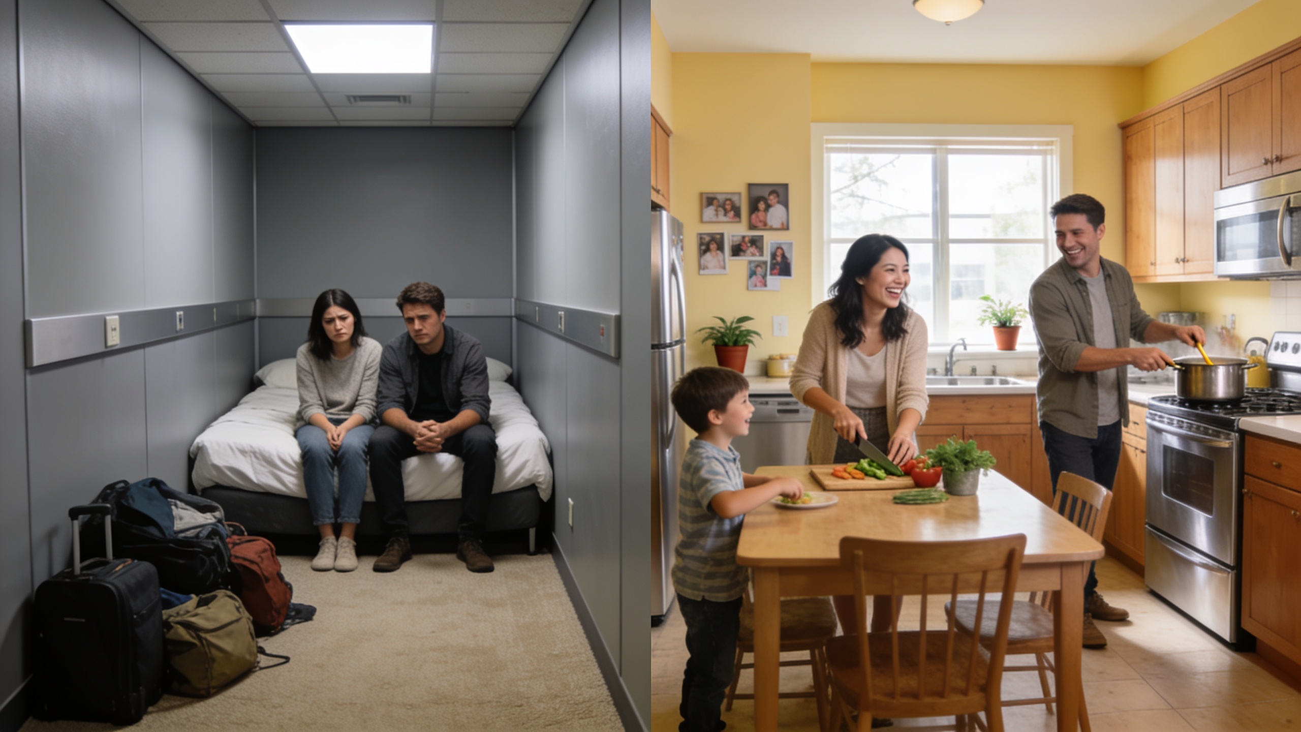 Side-by-side comparison of a cramped hotel room versus a spacious home kitchen during a house swap, illustrating the lifestyle difference between traditional and sharing economy accommodations