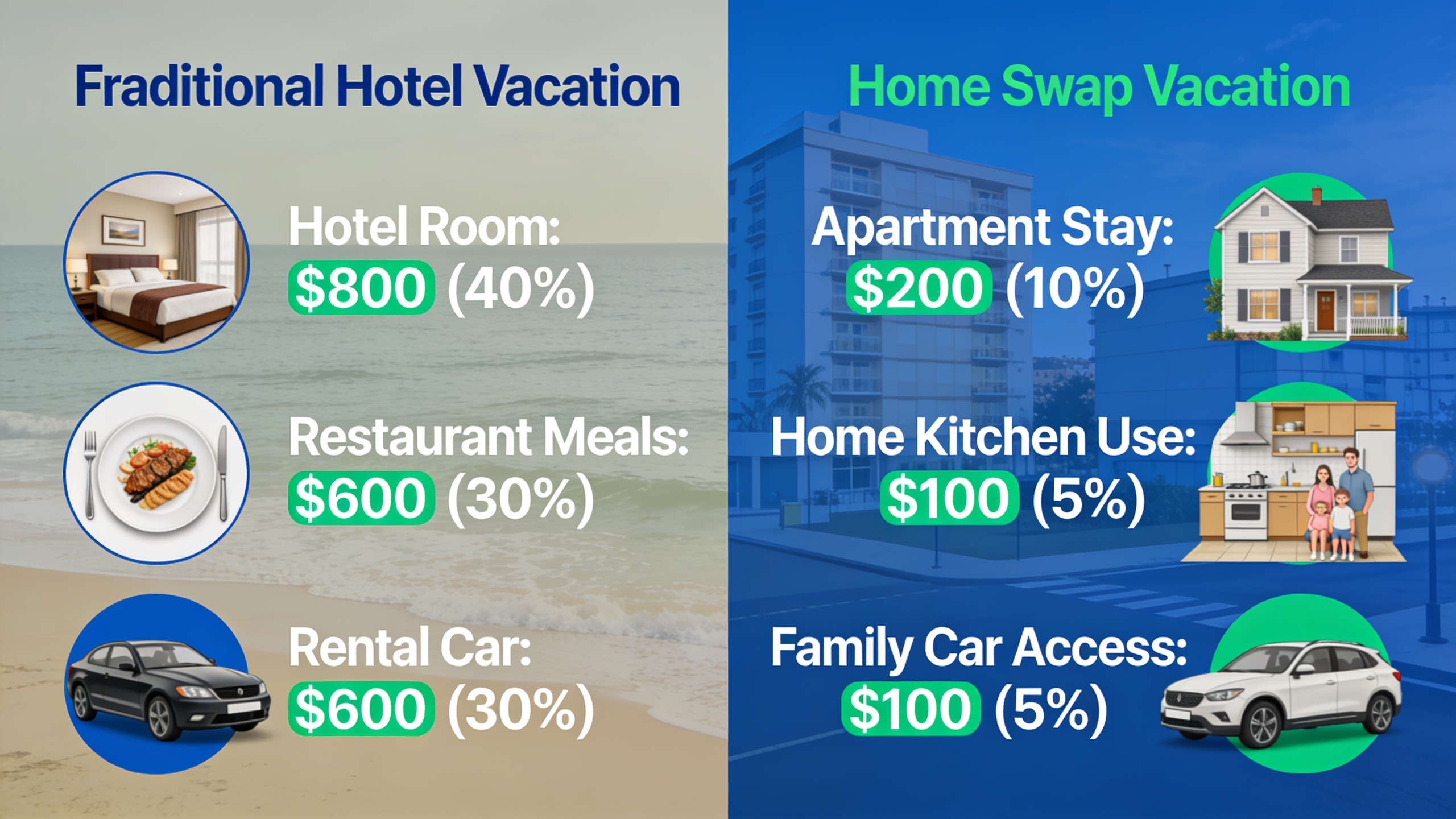 Budget comparison infographic showing traditional hotel vacation versus home swap vacation expenses