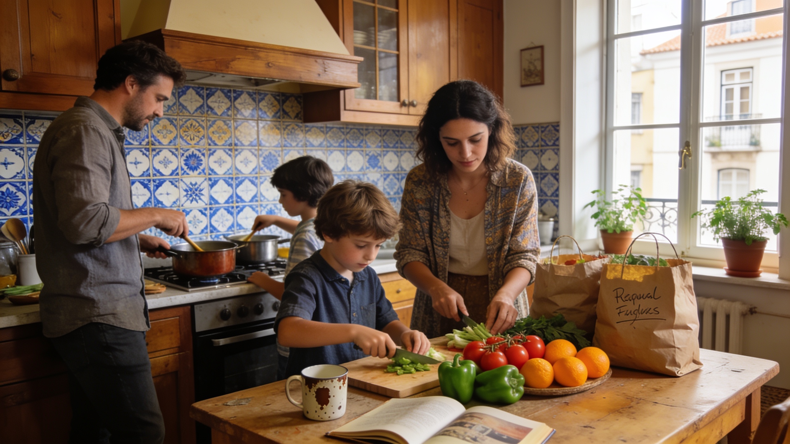 Family cooking together in a home swap apartment kitchen with local Portuguese ingredients and neighborhood groceries