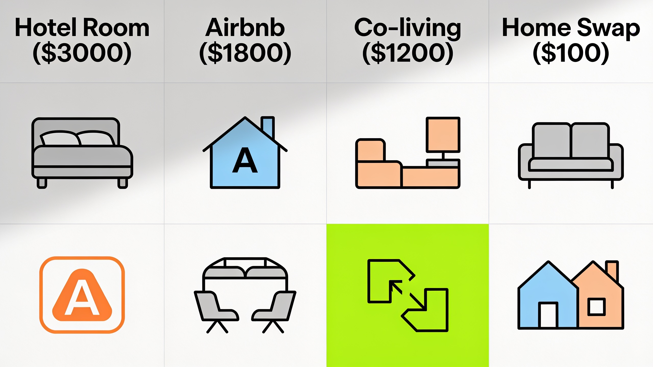 Cost comparison infographic showing monthly accommodation expenses for different travel options