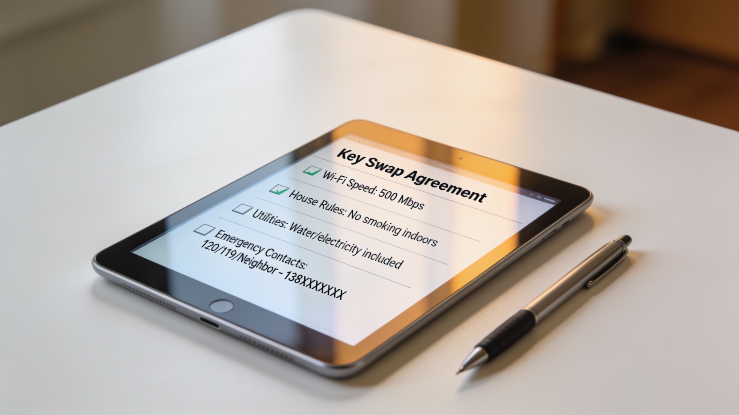 Digital agreement checklist for home swap arrangements displayed on tablet