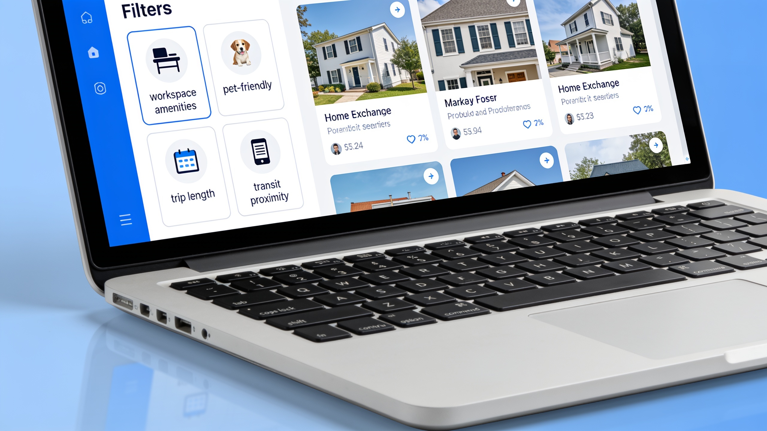 Home exchange platform search interface showing filtering options for workspace, pet-friendly homes, trip length, and transit proximity