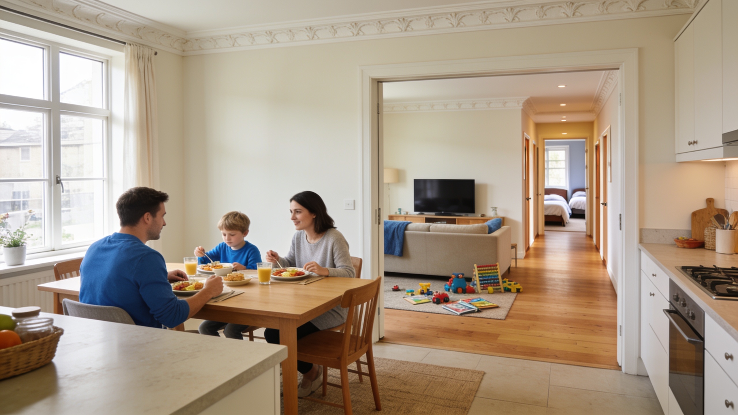 Interior of a family-friendly European home swap showing a bright kitchen, dining area, and separate living spaces ideal for families traveling together