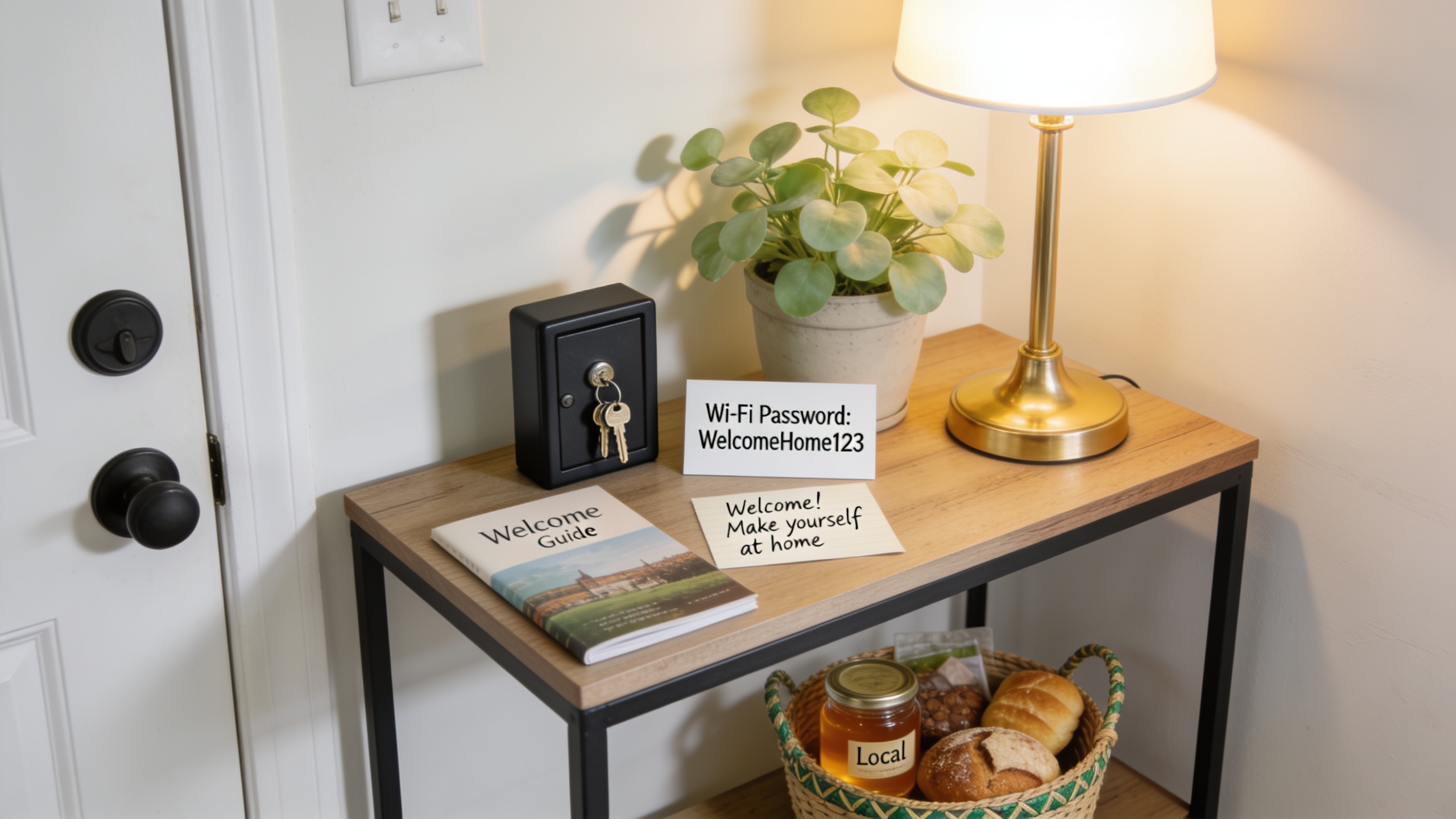 A thoughtfully prepared welcome setup for home swap guests including a guide, keys, and local information