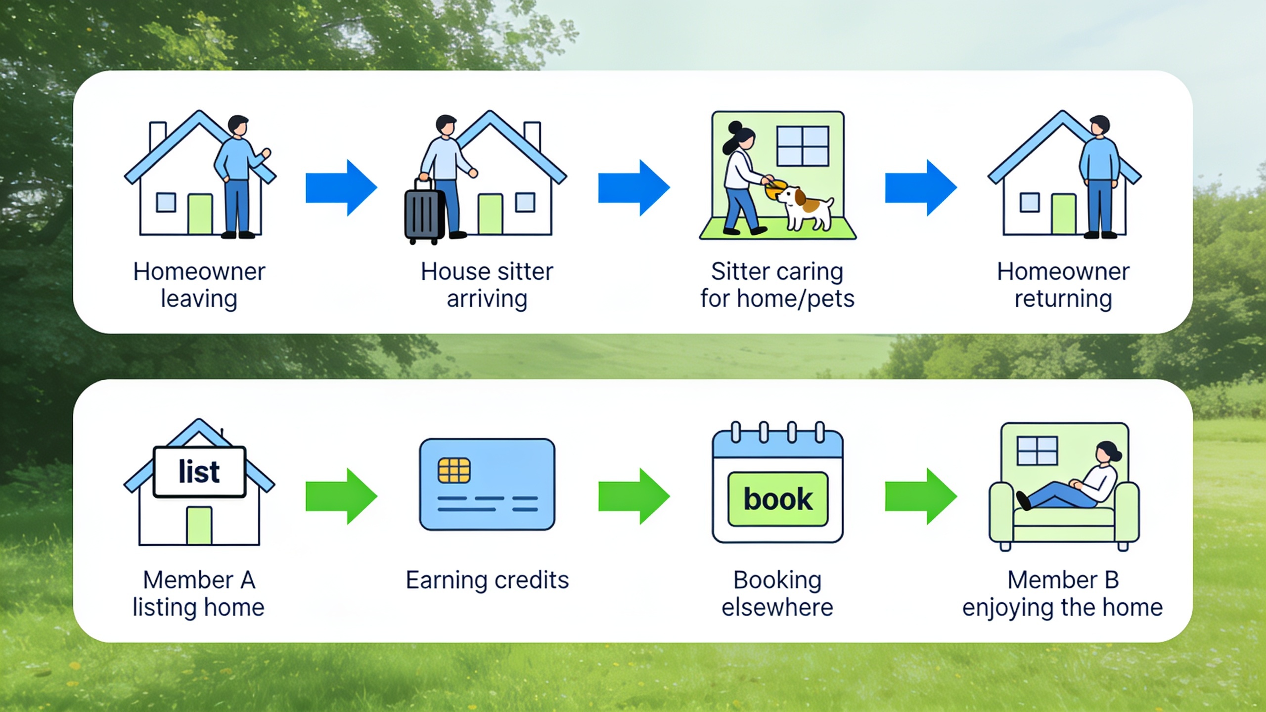Infographic comparing house sitting workflow versus home exchange credit system
