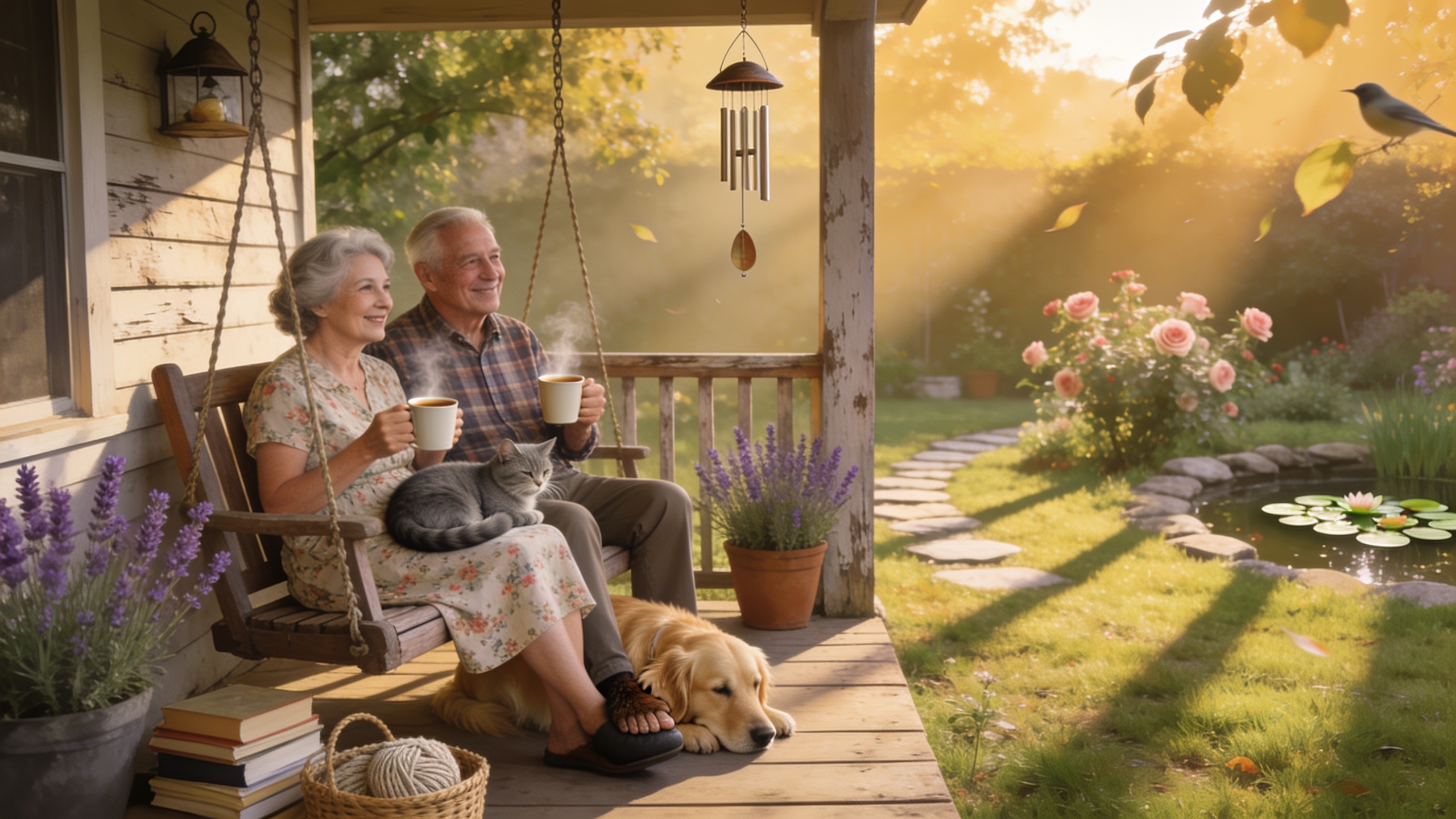 Retired couple enjoying house sitting with pets in a peaceful home setting