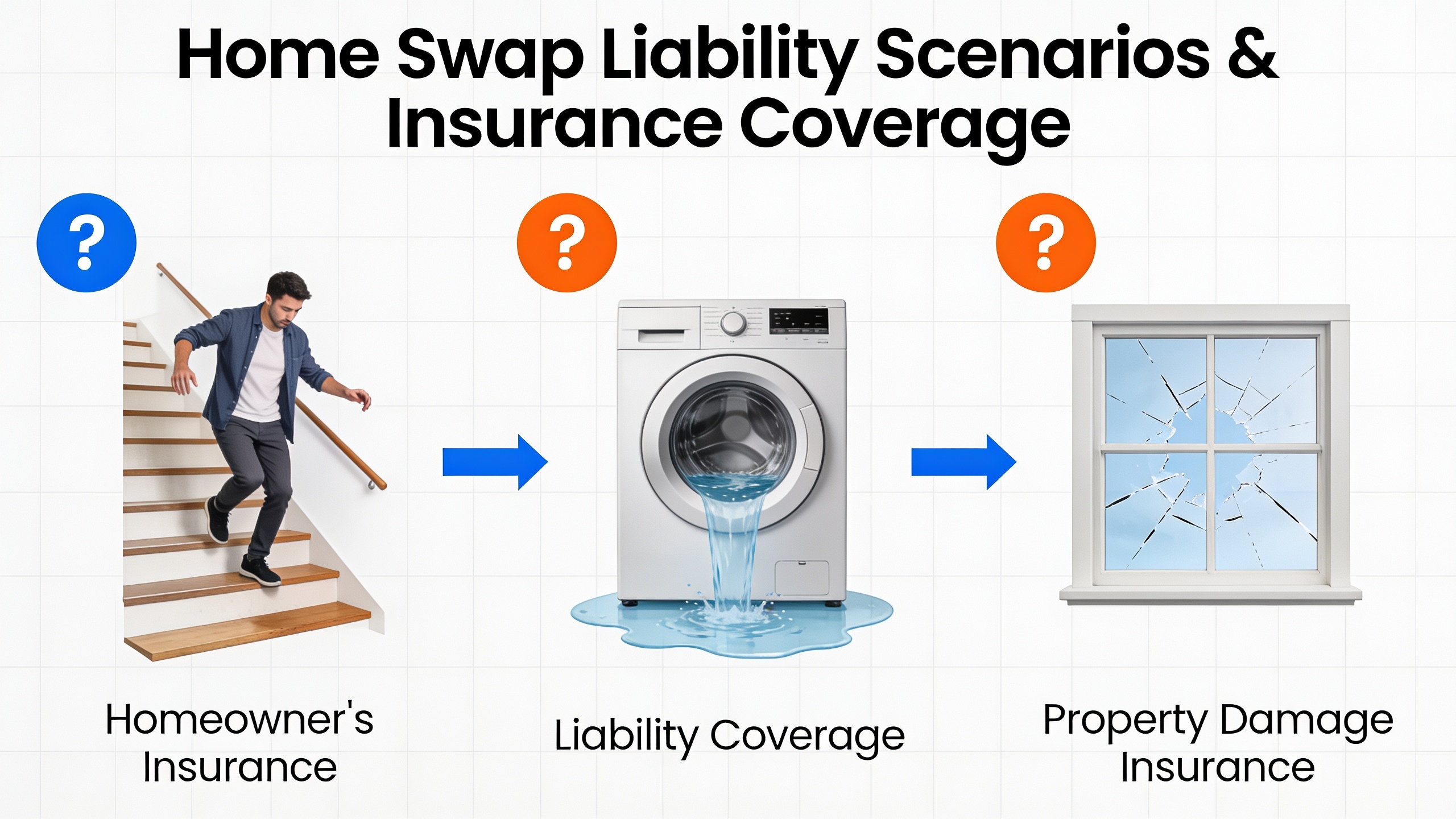 Three common home swap liability scenarios illustrated: guest injury, property damage, and theft, showing the types of incidents home swap insurance covers