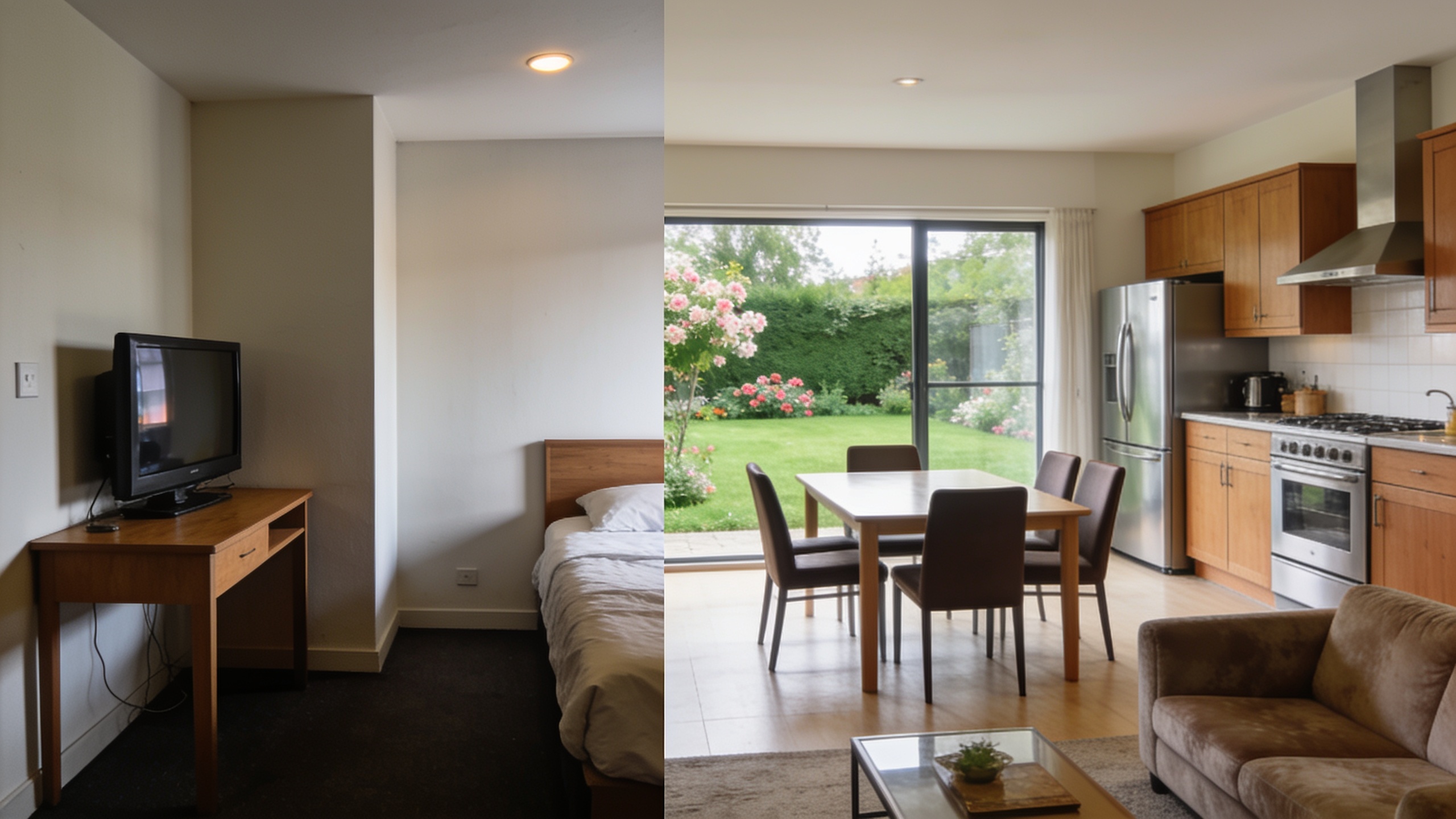 Comparison of cramped hotel room versus spacious home with kitchen and living areas