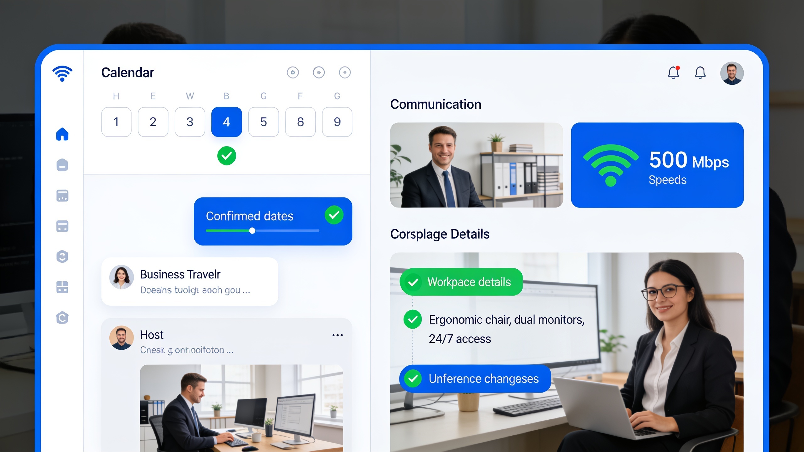 Digital communication interface showing home swap booking confirmation with dates, Wi-Fi speeds, and workspace details