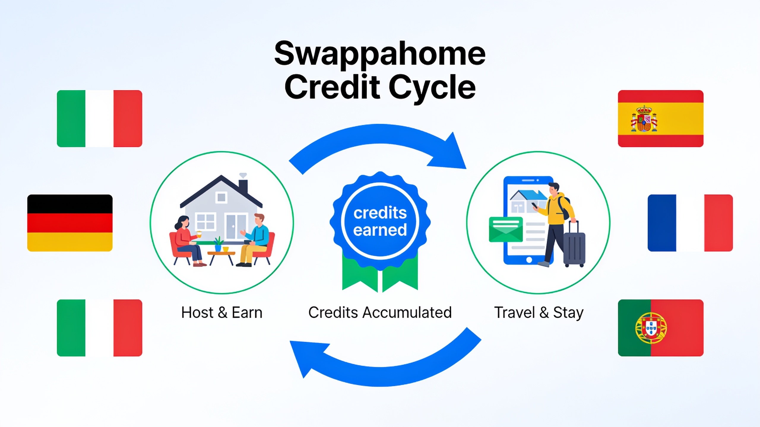 Swappahome home exchange credit system cycle showing how members earn and spend credits