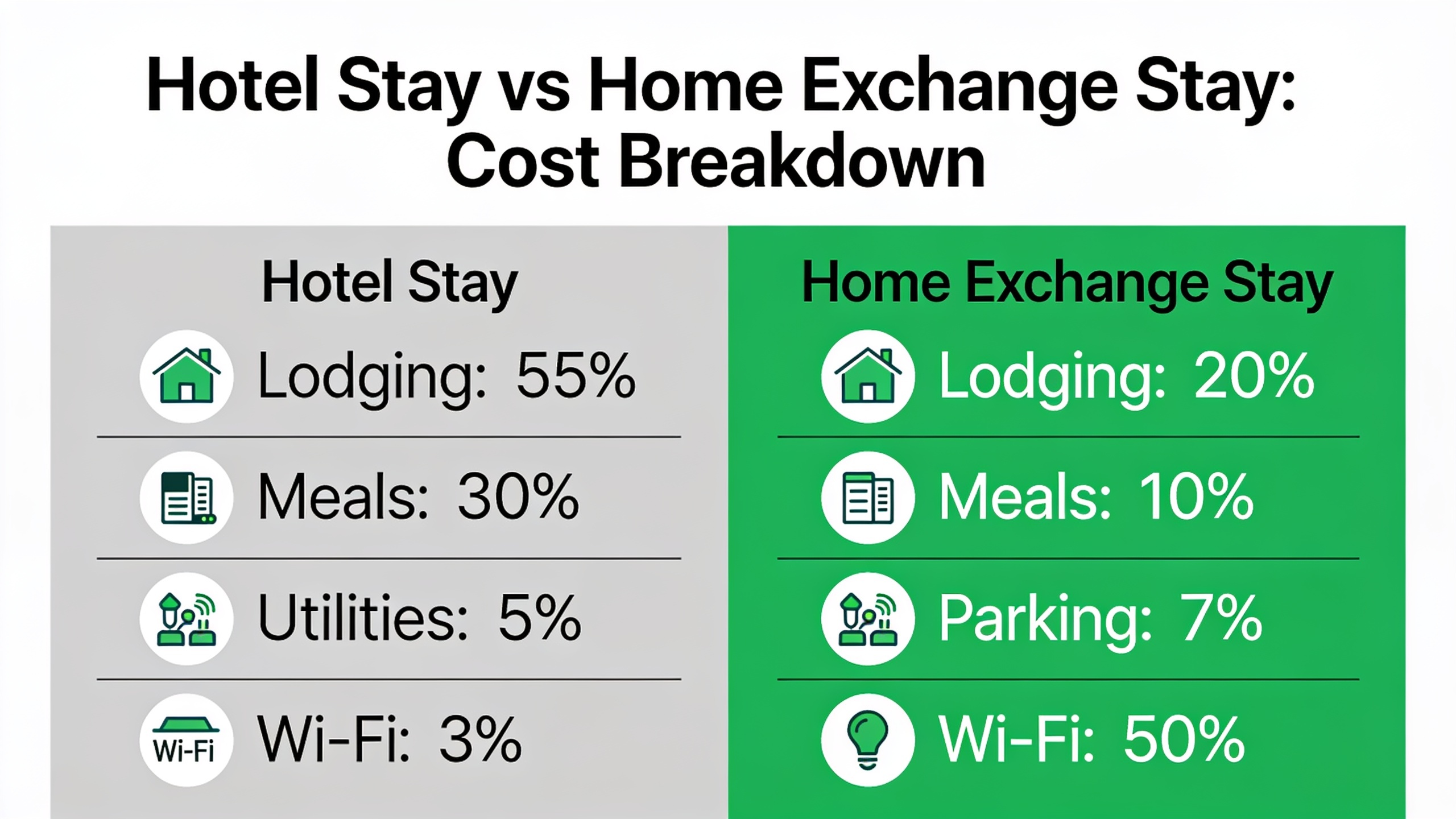 Cost comparison infographic showing how home exchange saves money compared to hotel stays through eliminated lodging and utility fees