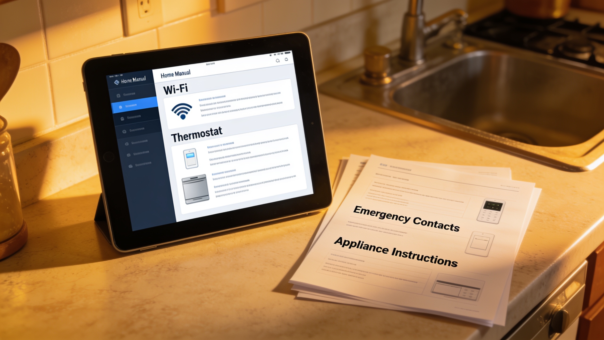 Home exchange preparation showing a printed and digital home manual with instructions for guests covering Wi-Fi, utilities, and emergency contacts