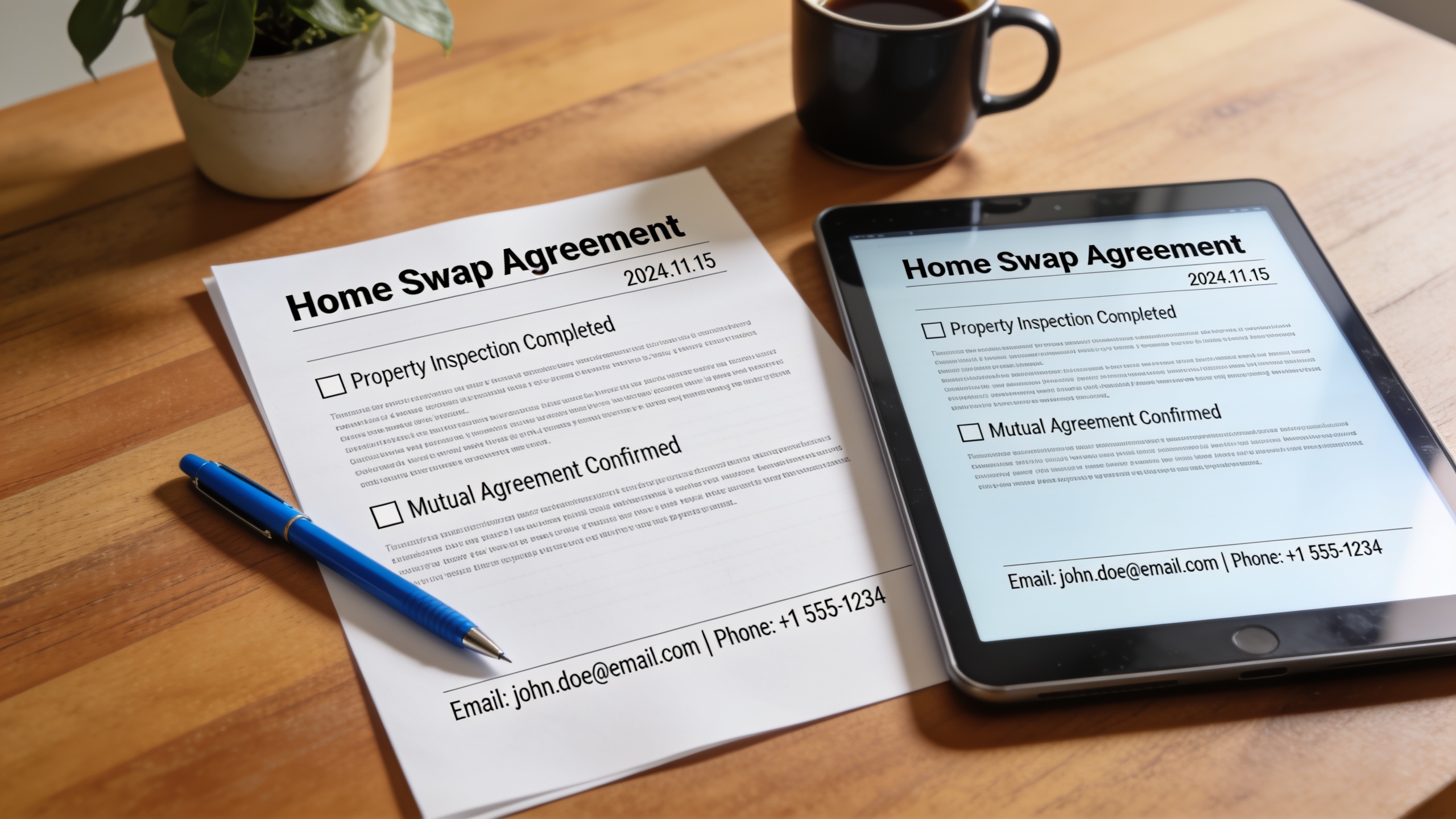 A printed home swap agreement document and digital tablet showing a completed home exchange contract with key details