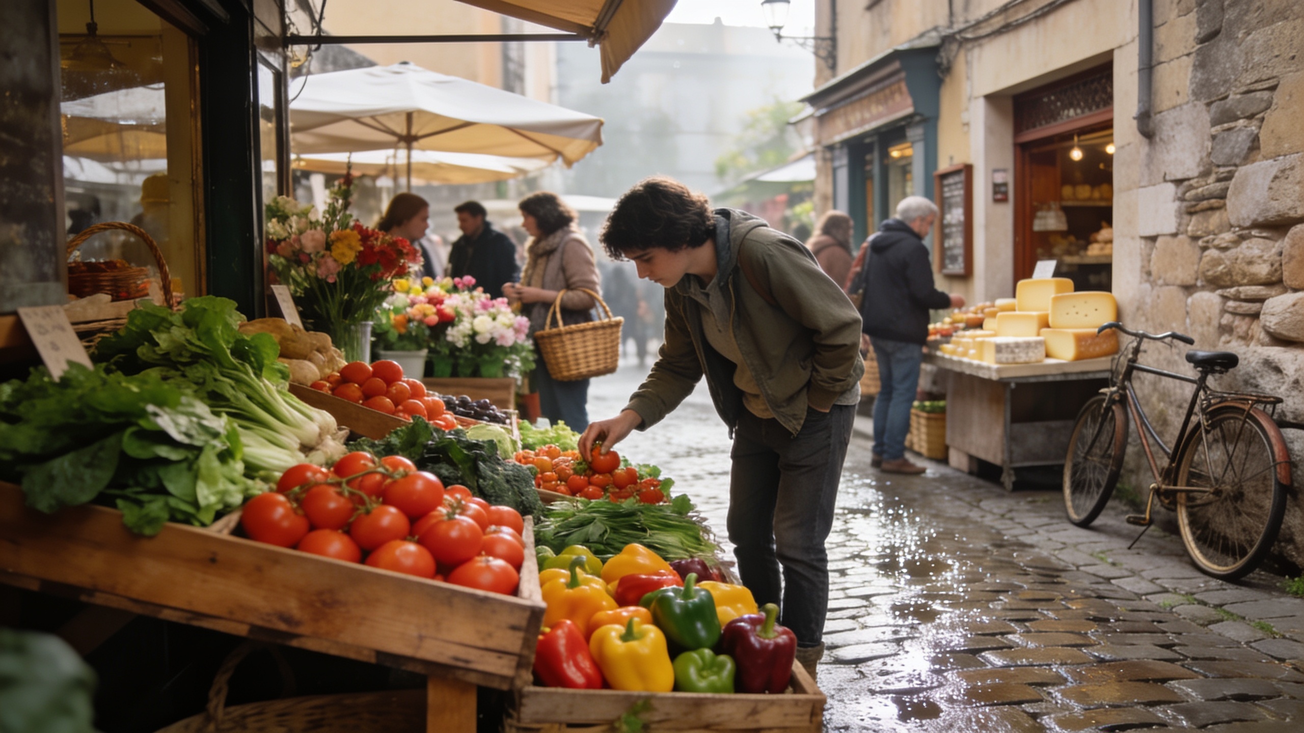 Person shopping at a local neighborhood market, experiencing authentic local living during a home exchange