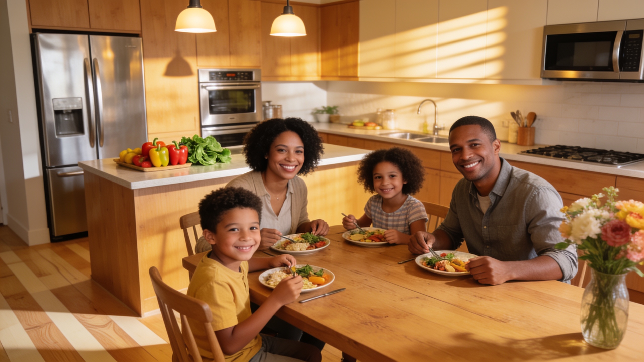 Family enjoying a home-cooked meal in a spacious, well-equipped kitchen during a home swap stay