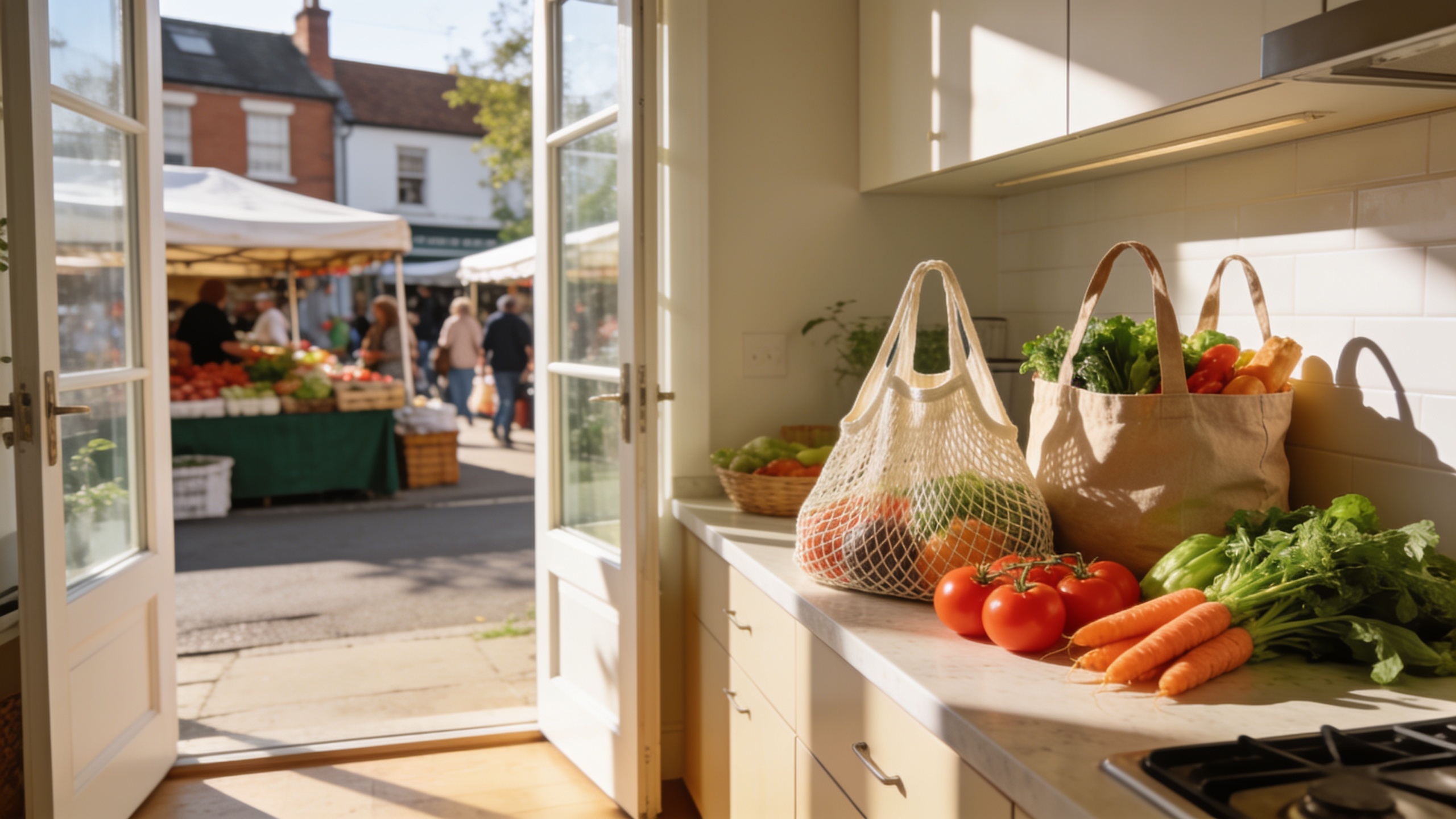 A home kitchen with fresh local market produce, representing sustainable cooking and reduced packaging waste while home swapping
