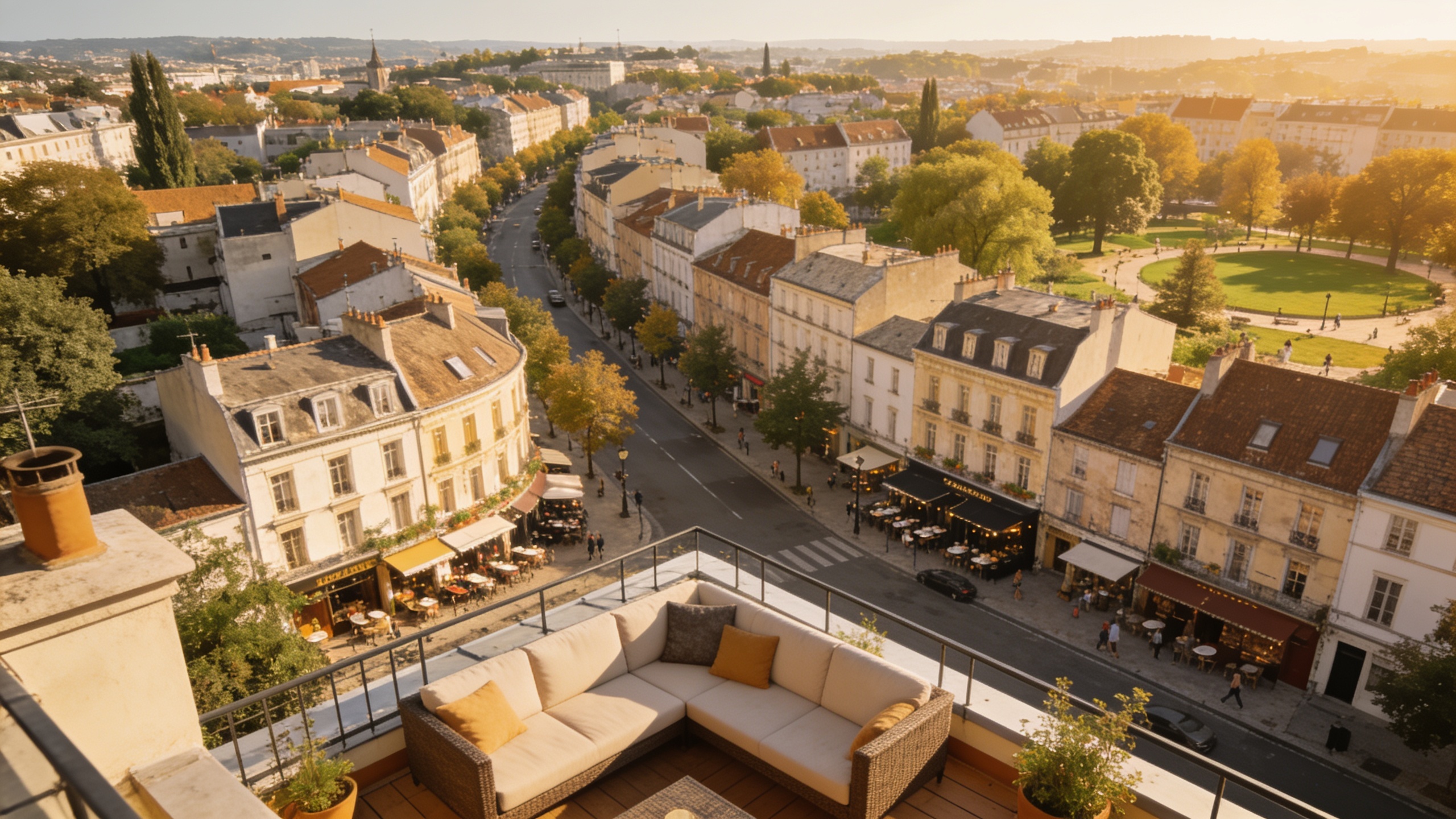A peaceful residential neighborhood with rooftop terrace view, showing authentic local community living versus tourist-focused areas